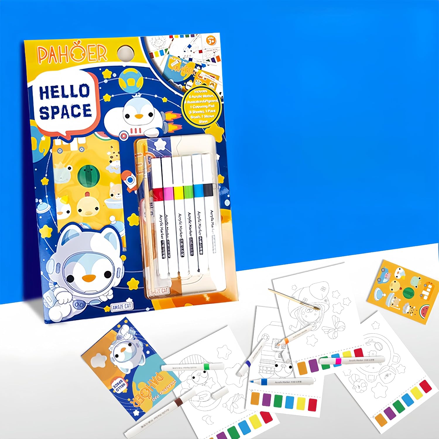 Amazecat Coloring Set, Incl.12 Mess Free Toddler Coloring Pages & 6 Markers&1 Paint Brush & Stickers,Coloring Kit Gift for Toddlers