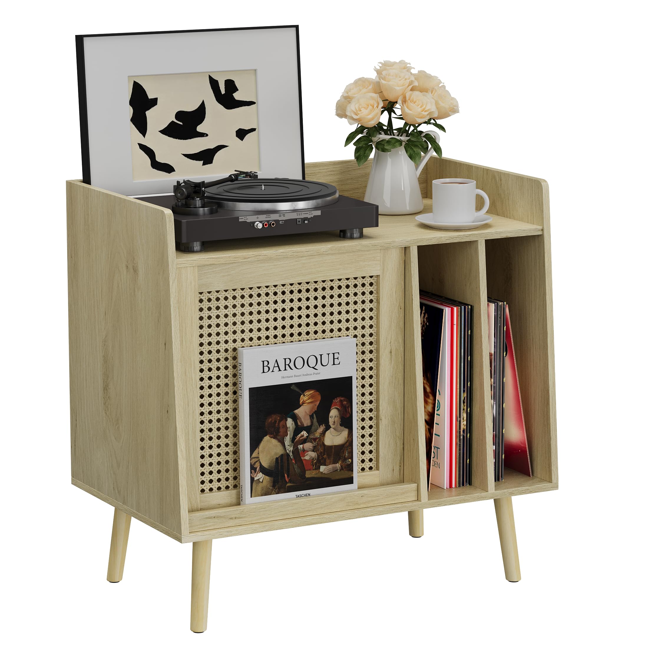 Semiocthome Plattenspieler-Tisch mit Vinyl-Aufbewahrungsfunktion, Schallplattenständer mit Rattan-Schranktüren und Massivholz-Tischbeinen, geeignet für Plattenspieler. (klein)