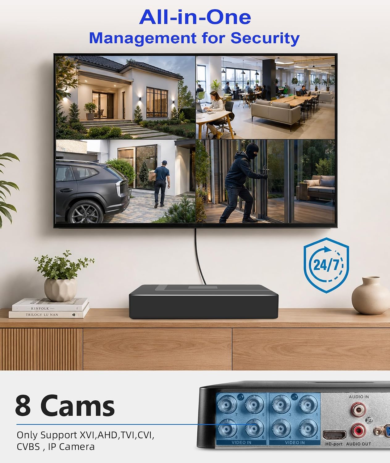 H.265+ 8CH Security DVR Recorder for Home Security Camera System – 8-Channel HD-TVI/CVI/XVI/AHD/CVBS & IP Analog Input, Pre-Installed 500G Hard Drive, 24/7 Recording, Motion Detection Alerts