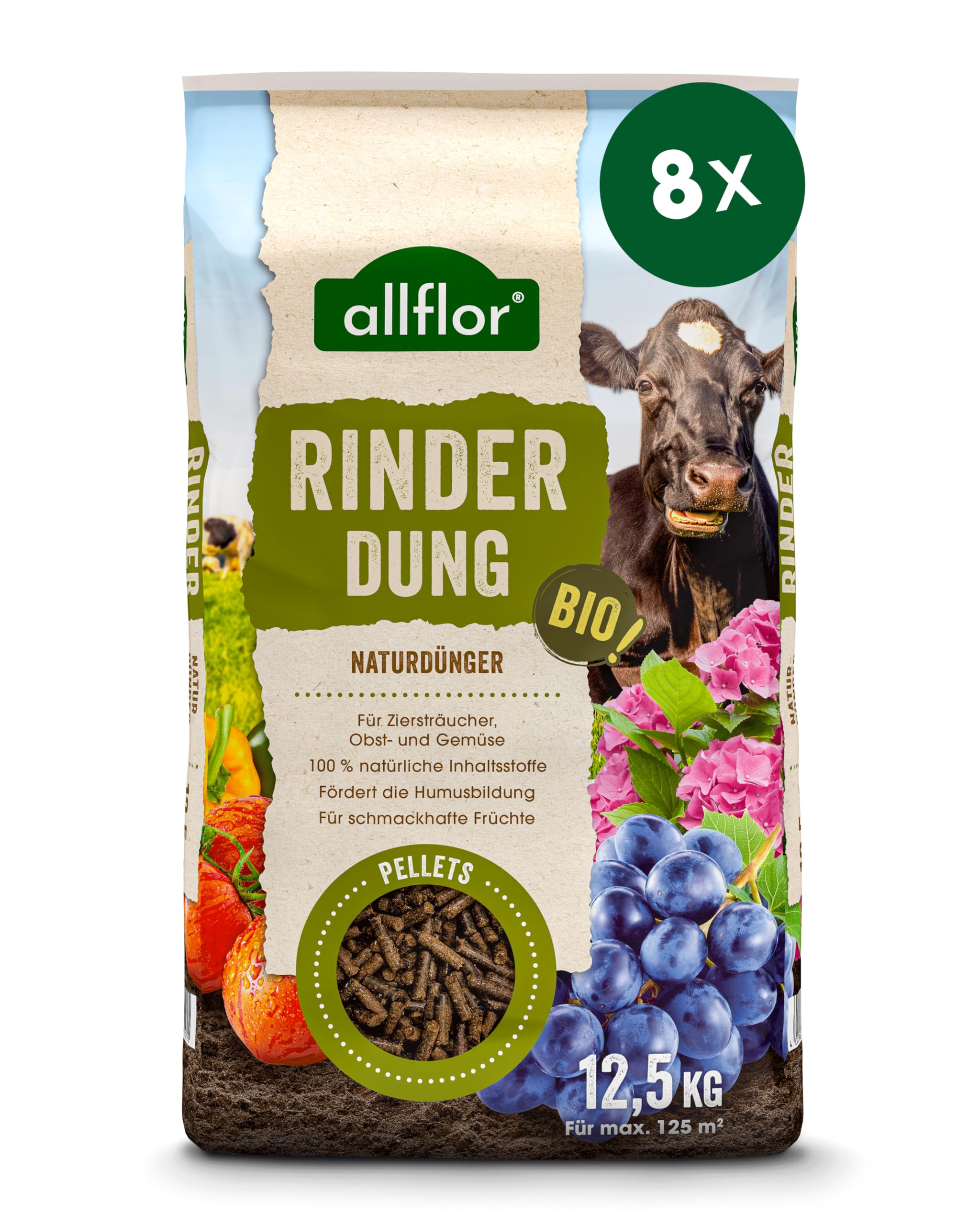 Allflor Rinderdung gekörnt - 8 x 12,5 Kg - Rinderdungpellets im Beutel - Wirtschaftsdünger von Rindern - Biologischer Gartendünger - Rindermist - Fördert die Humusbildung