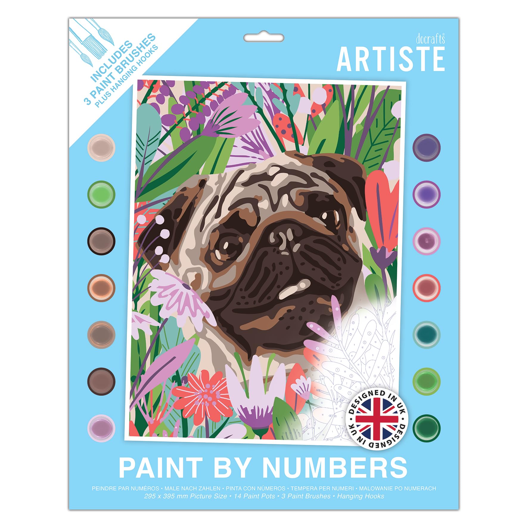 DOCRAFTS ARTISTE Large Paint by Numbers, Floral Pug, Animal Painting, 395x295mm Board 14 Acrylic Colour Paint 3 Size Brush Set, Adults Craft, Hobbies, Number Coded Design, Personalised Art