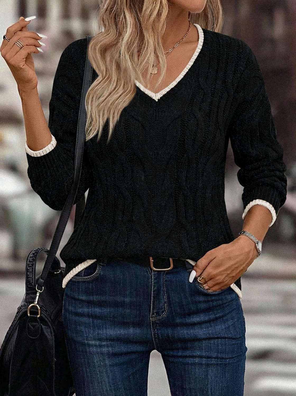 LaGracia Women's Oversized Cable Knit V Neck Sweaters Trendy Color Block Sweater Pullover 2026 - Image 2