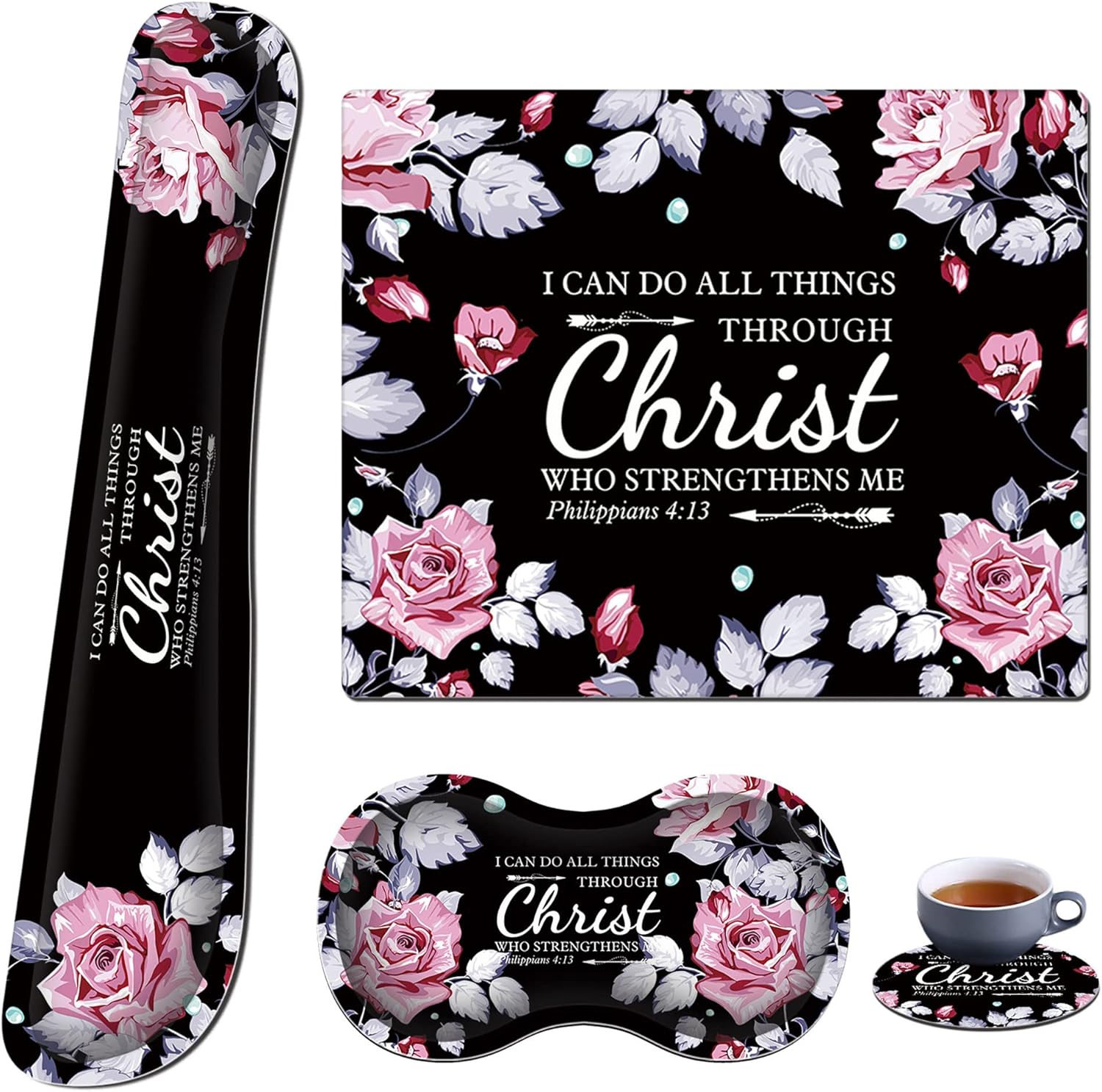 Mouse Pad with Wrist Rest+Keyboard Wrist Rest+Coaster, All in One Mouse Pad Set of 4 for Easy Typing Pain Relief, RYUITHDJP Memory Foam Wrist Support for Office Home Inspirational Quote Christian