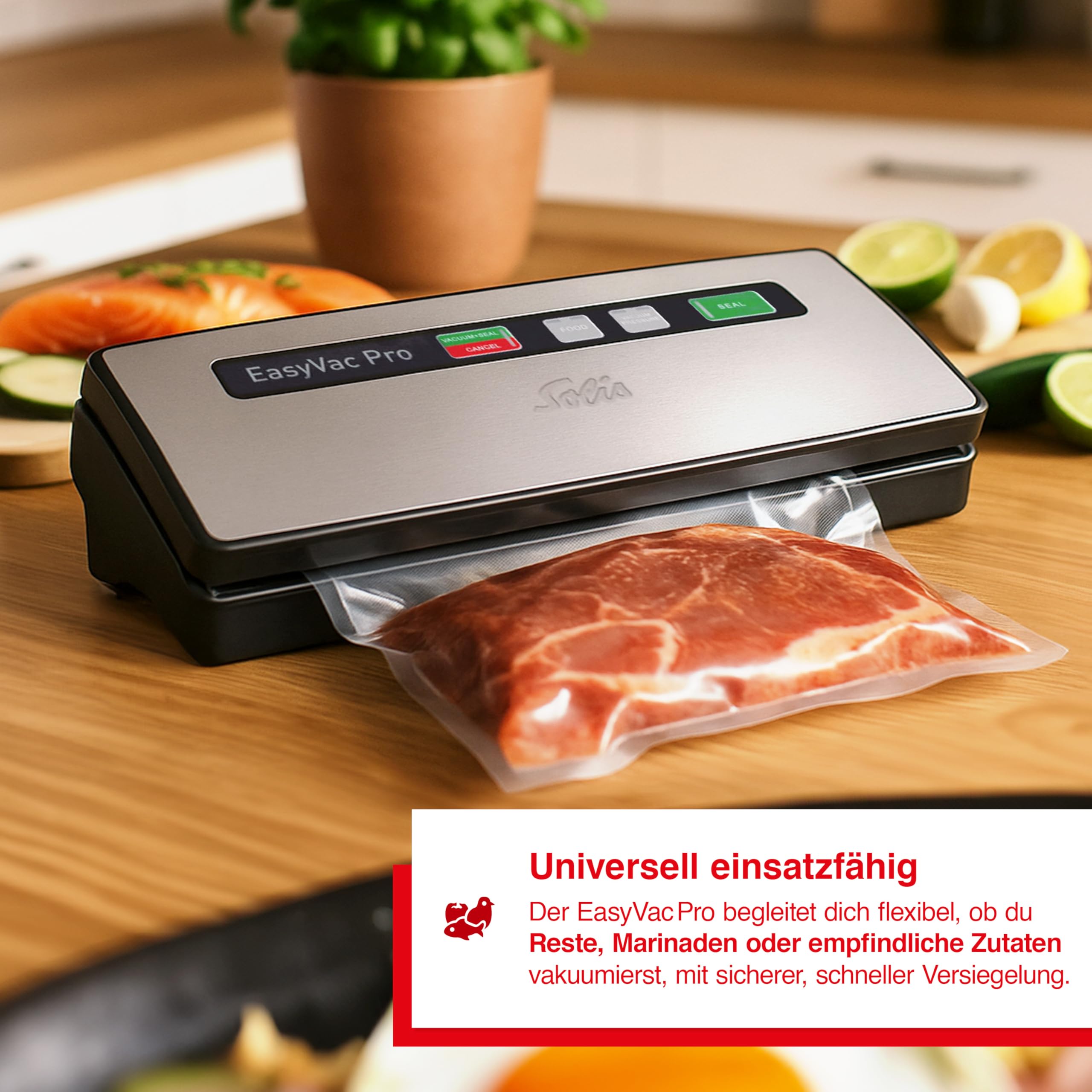 Solis Vac Pro 569 Vakuumiergerät - Folienschweißgerät für Lebensmittel - Vakumierergerät für trockene, Feuchte und Empfindliche Lebensmittel - Metal | Lebensmittel bis zu 8x länger frisch, Starkes Vakuum -0,8 bar, 120W Power, Langlebiges Metall, Inkl. Beu