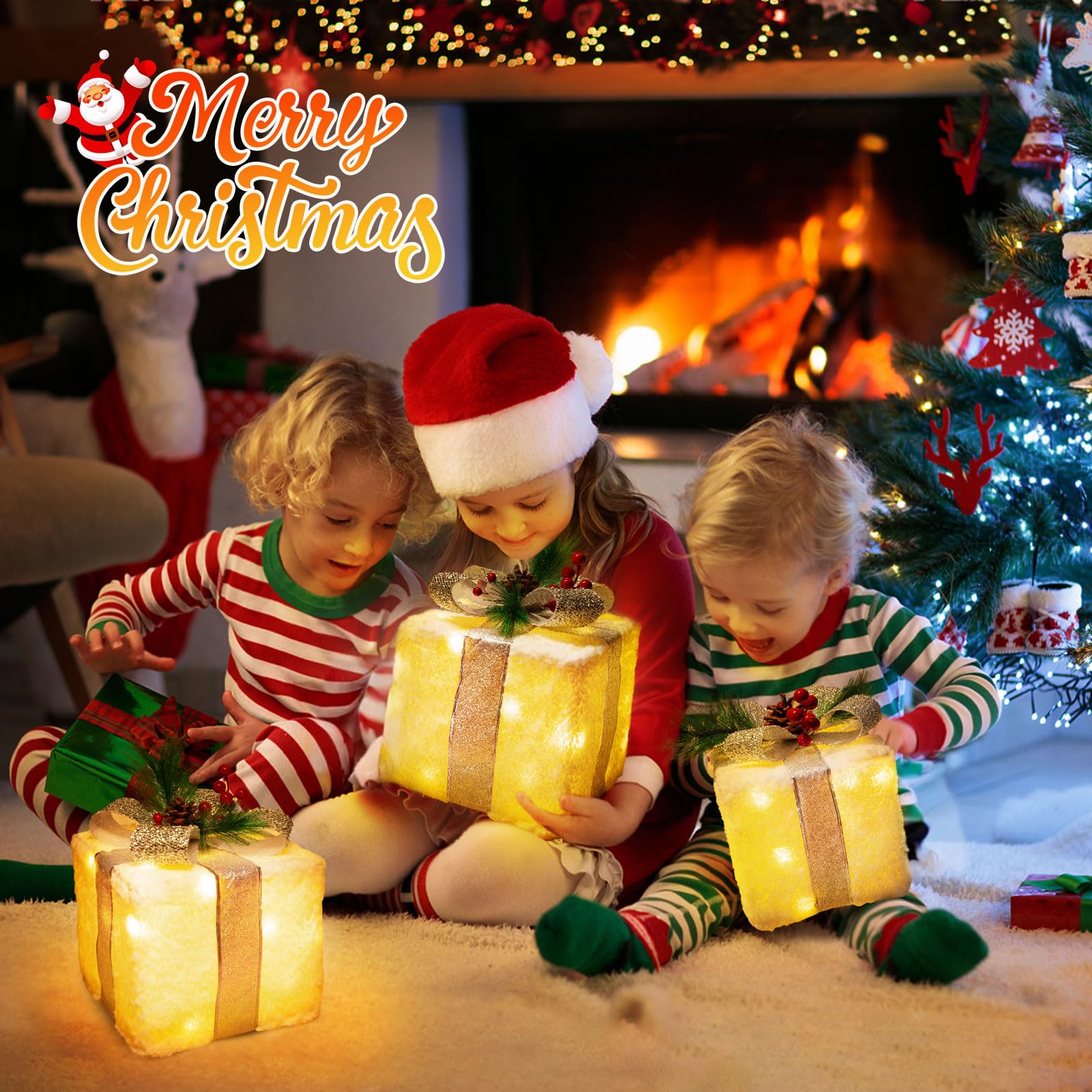 Quntis Boîtes à Cadeaux Lumineuses, 60 LEDs Décoration de Noël，Neige | Lot de 3 Boîtes Lumineuses Décoration Éclairage de Noël Intérieur/Extérieur Déco Lumière
