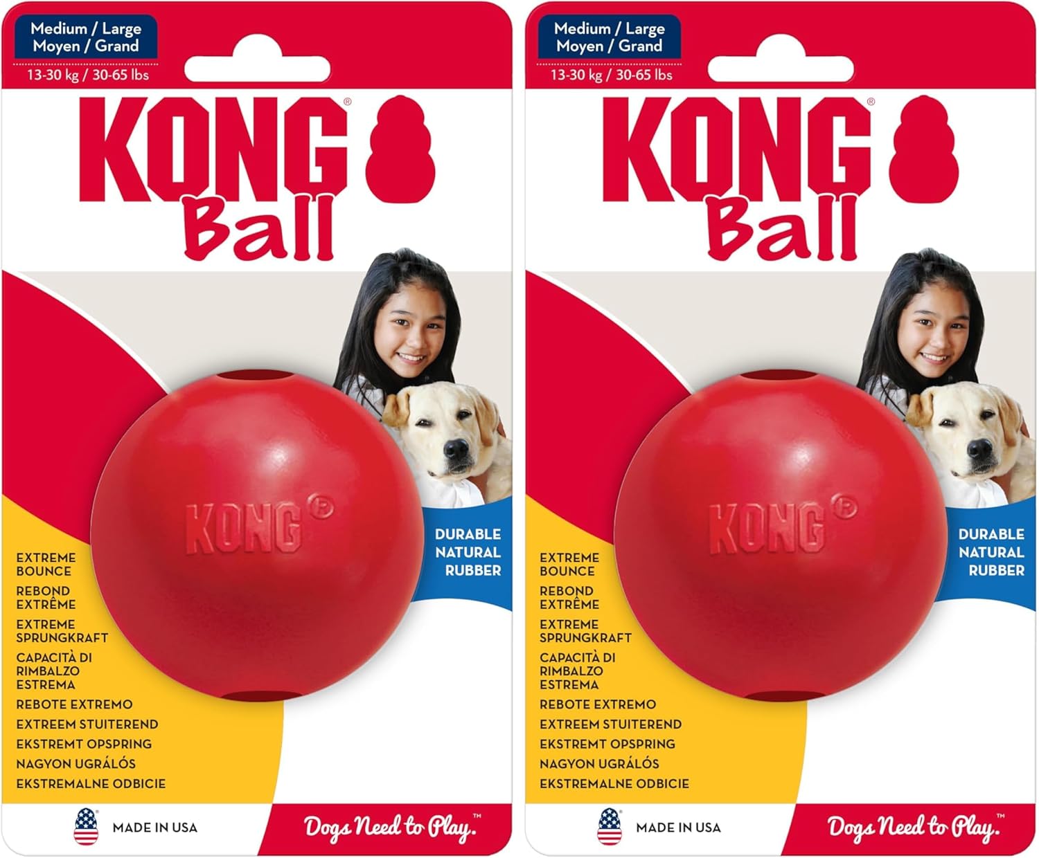 KONG Ball with Hole - Durable Dog Fetch Toy for Training, Interactive Playtime & More - Classic Natural Rubber Ball - Red - for Large/Medium Dogs (Pack of 2)