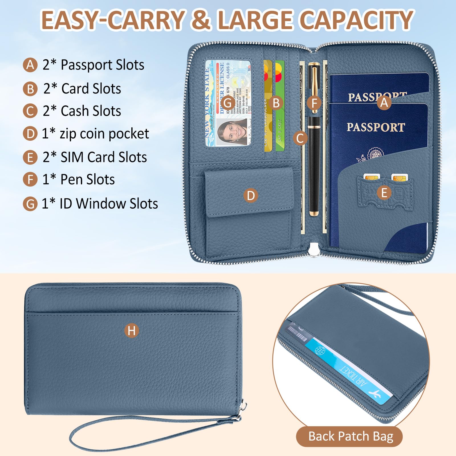 Reisepass Organizer, Reisepass Tasche Familie Reiseorganizer Mit RFID-Blocker Reisepasshülle Leder Passport Wallet Holder Für Flugtickets, Kreditkarten, Reisedokumente, Blau