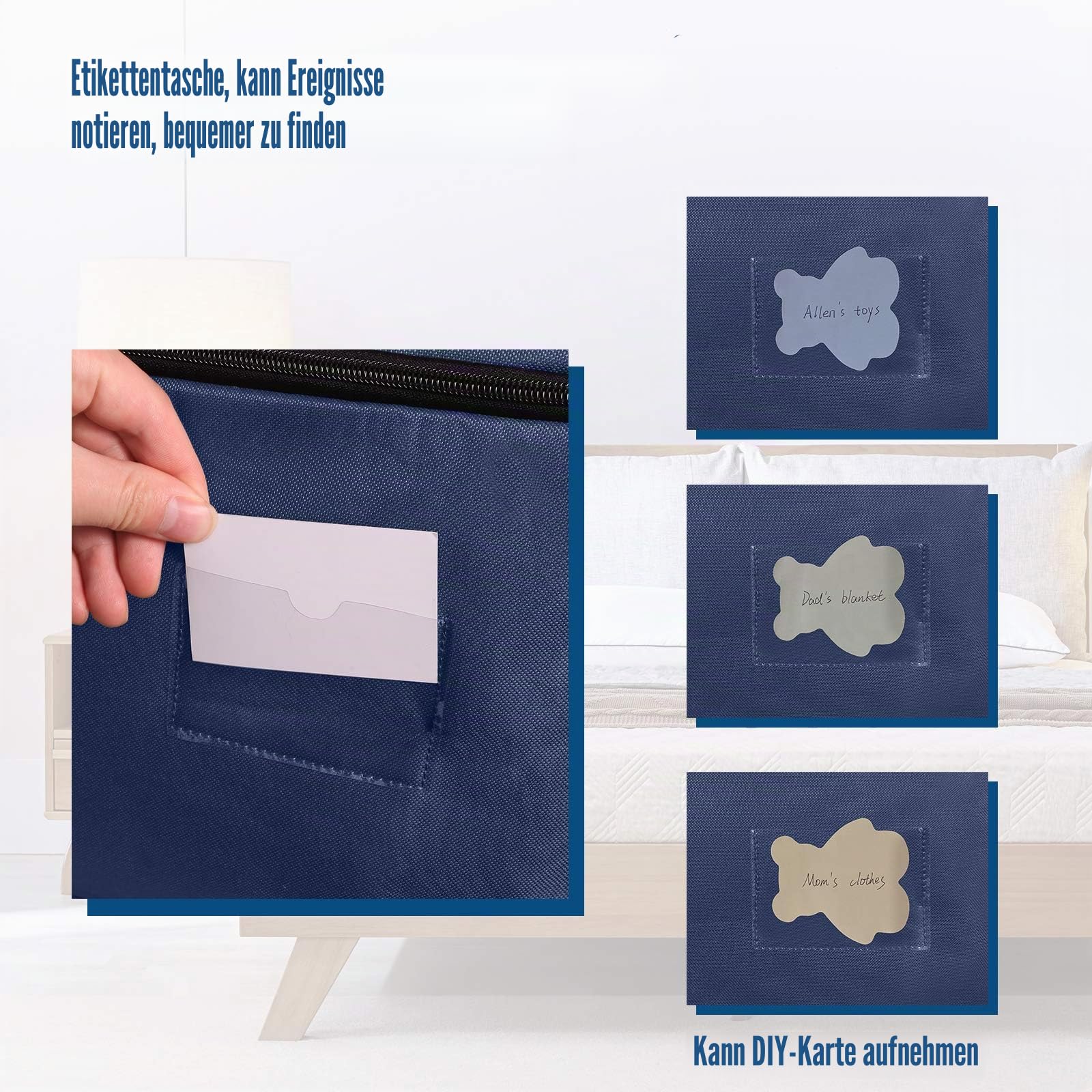 2Pack Unterbett Aufbewahrungsbox mit Deckel, 105L Große Aufbewahrungsbeutel mit Girff, Tragbar Unterbettkommode Stoff, Aufbewahrungstasche für Bettdecken, Kleidung, Decken, Dunkeblau