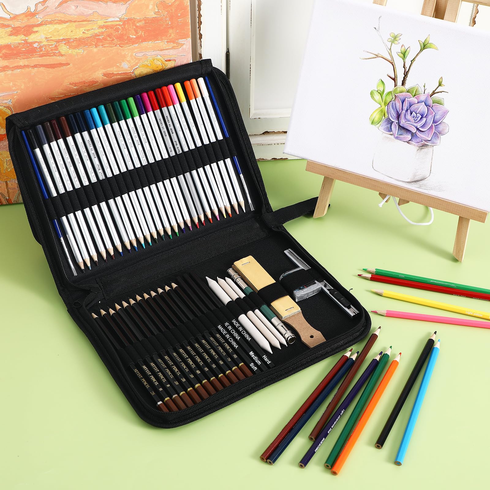 NIYANGLE Ensemble de Crayons de Couleur en Bois Étui Zippé et Gomme, Crayons Aquarellables pour Dessin en Plein Air et Cours, Portabilité Pratique