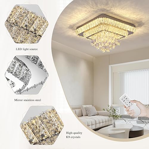 Miniatura 2 de COCOSTAR Candelabros de cristal, lámpara LED moderna de lujo, lámpara de techo Suqare de 25 pulgadas, lámpara de techo para comedor, sala de estar,