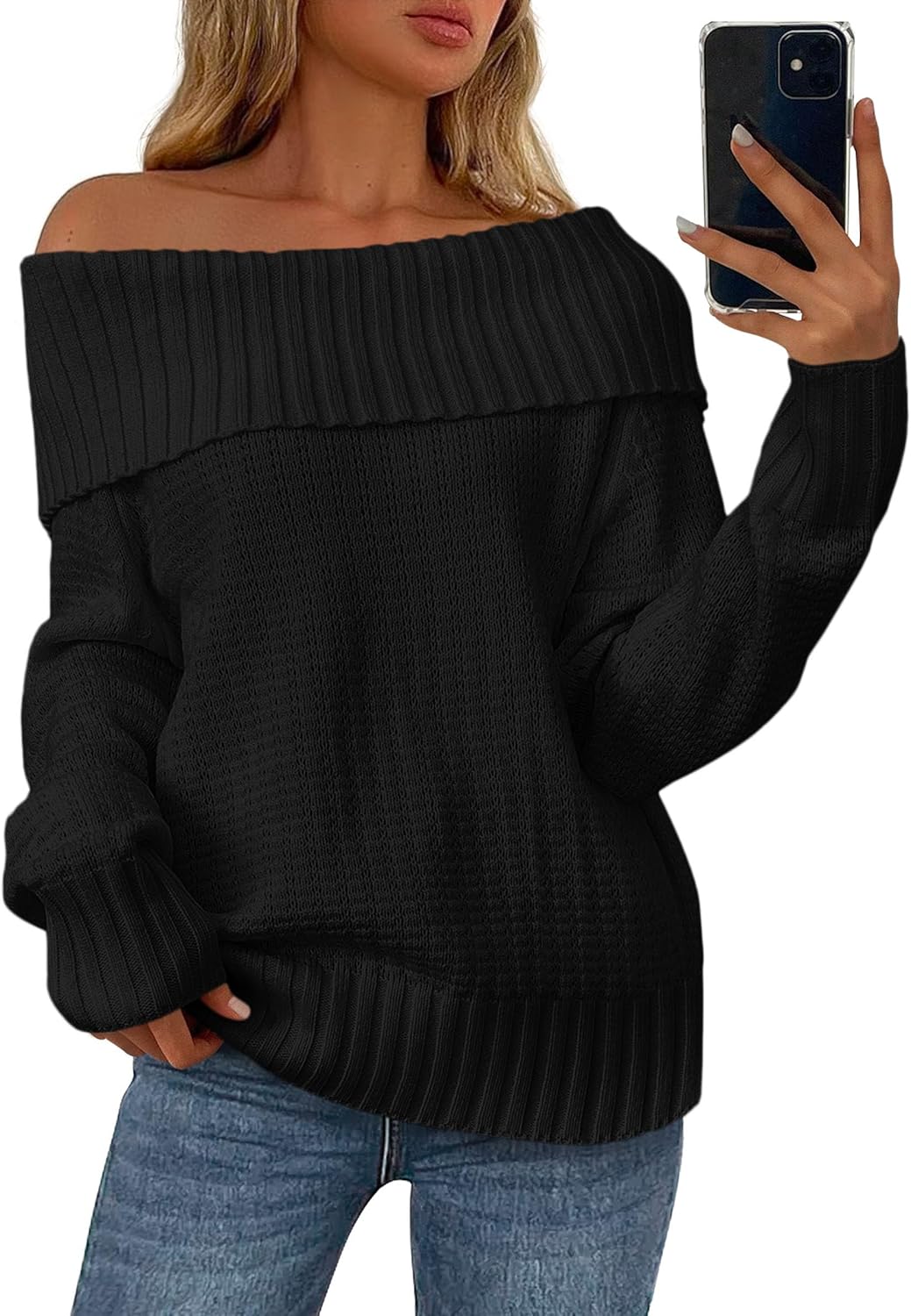 PRETTYGARDEN Womens Off The Shoulder Sweater Long Sleeve Loose Knit Pullover Sweaters Fall Going Out Tops