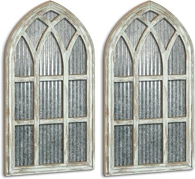 Putuo Decor Weathered White Gothic Arch Window Wall Decor, Rustic Cathedral Frame for Farmhouse Living Room Hallway
