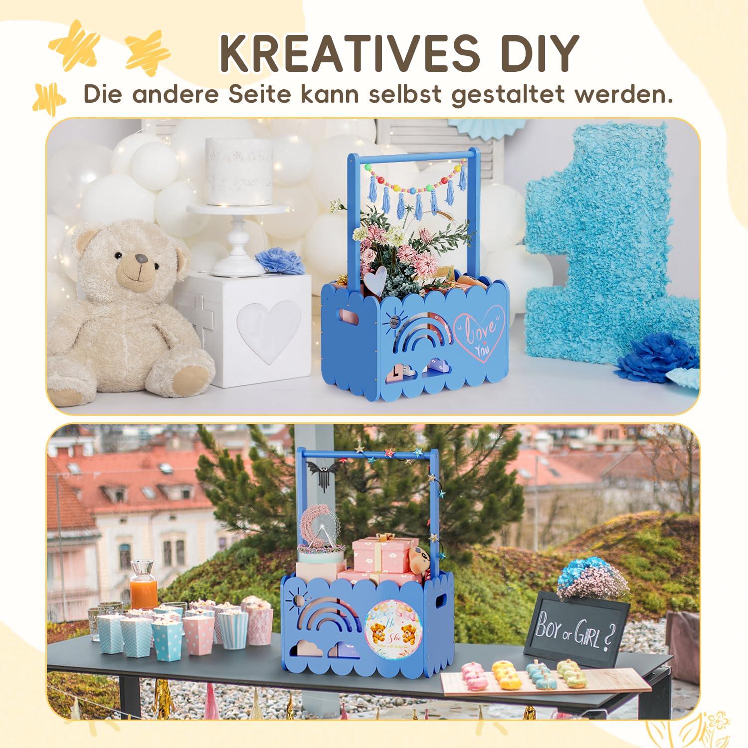 Babykorb aus Holz für Babyparty, Babypartykorb mit Griff, Jungen und Mädchen Korb für Babygeschenke, Willkommensgeschenk Schwangerschaftsgeschenke für frischgebackene Eltern, Blau