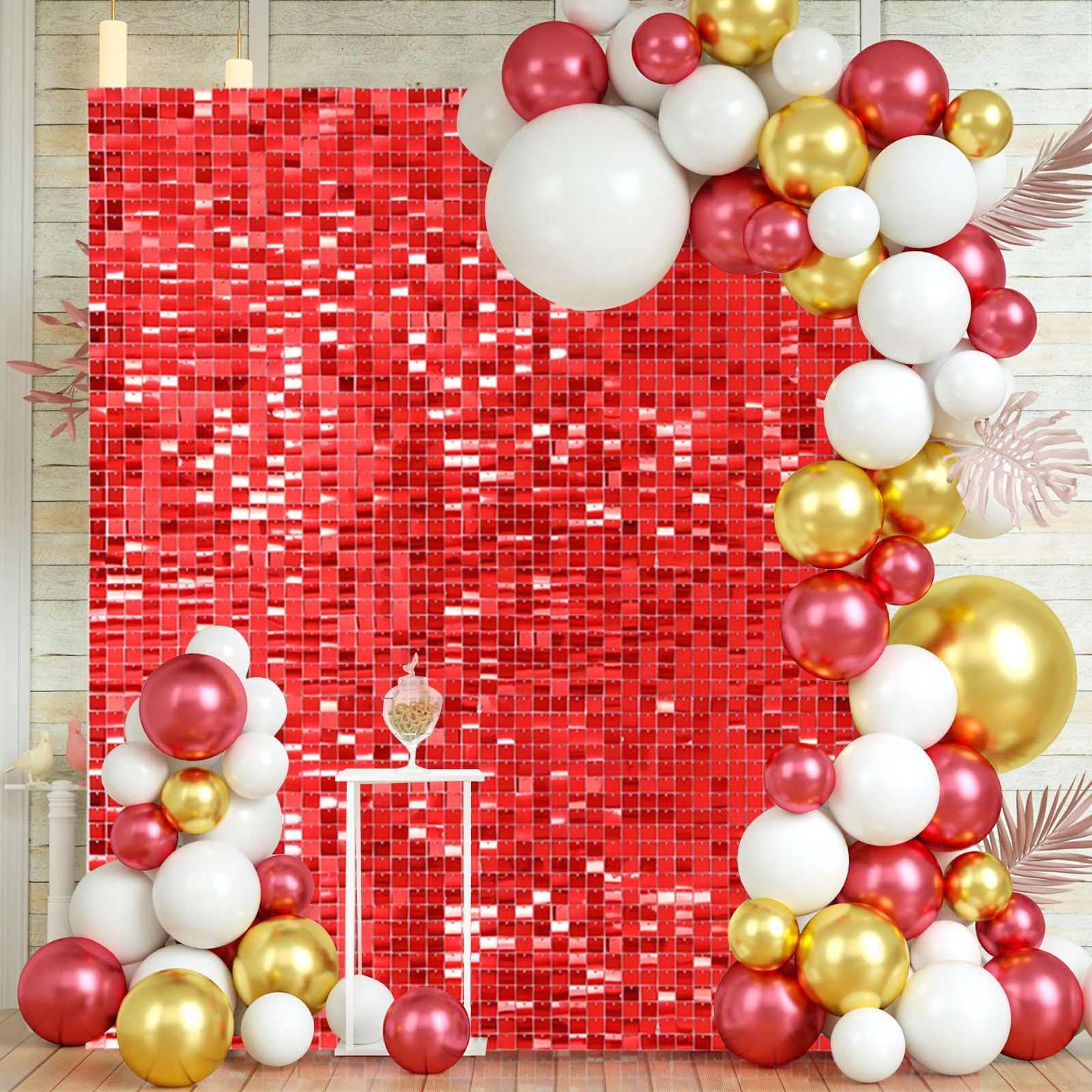 Red Shimmer Wall Backdrop Panels 24 Panels Square Sequin Shimmer Panels Backdrop for Party Wedding Birthday Ceremony Decorations(6FTx5FT)