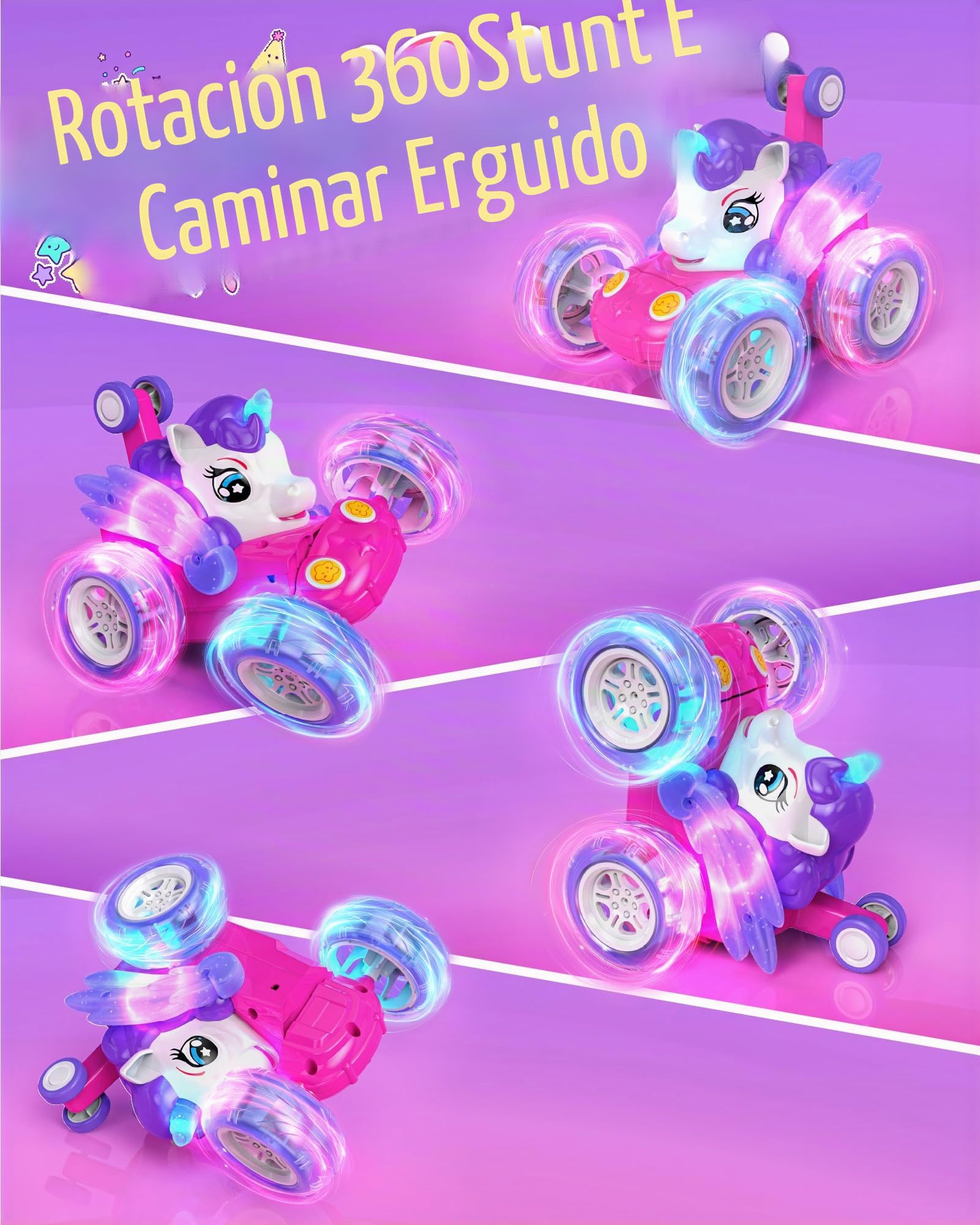 Kiztoys Unicorn Coche Teledirigido - Coches de Juguete para Niñas de 3 4 5 6 Años, Unicornio Teledirigidos Monster Truck con luz LED, Regalo de Juguete para Niñas 3+ Años