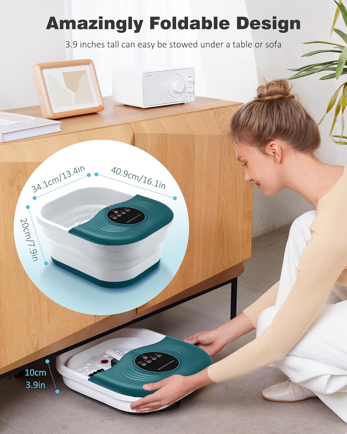 Woman demonstrating the foldable design of the foot spa, storing it under a cabinet.