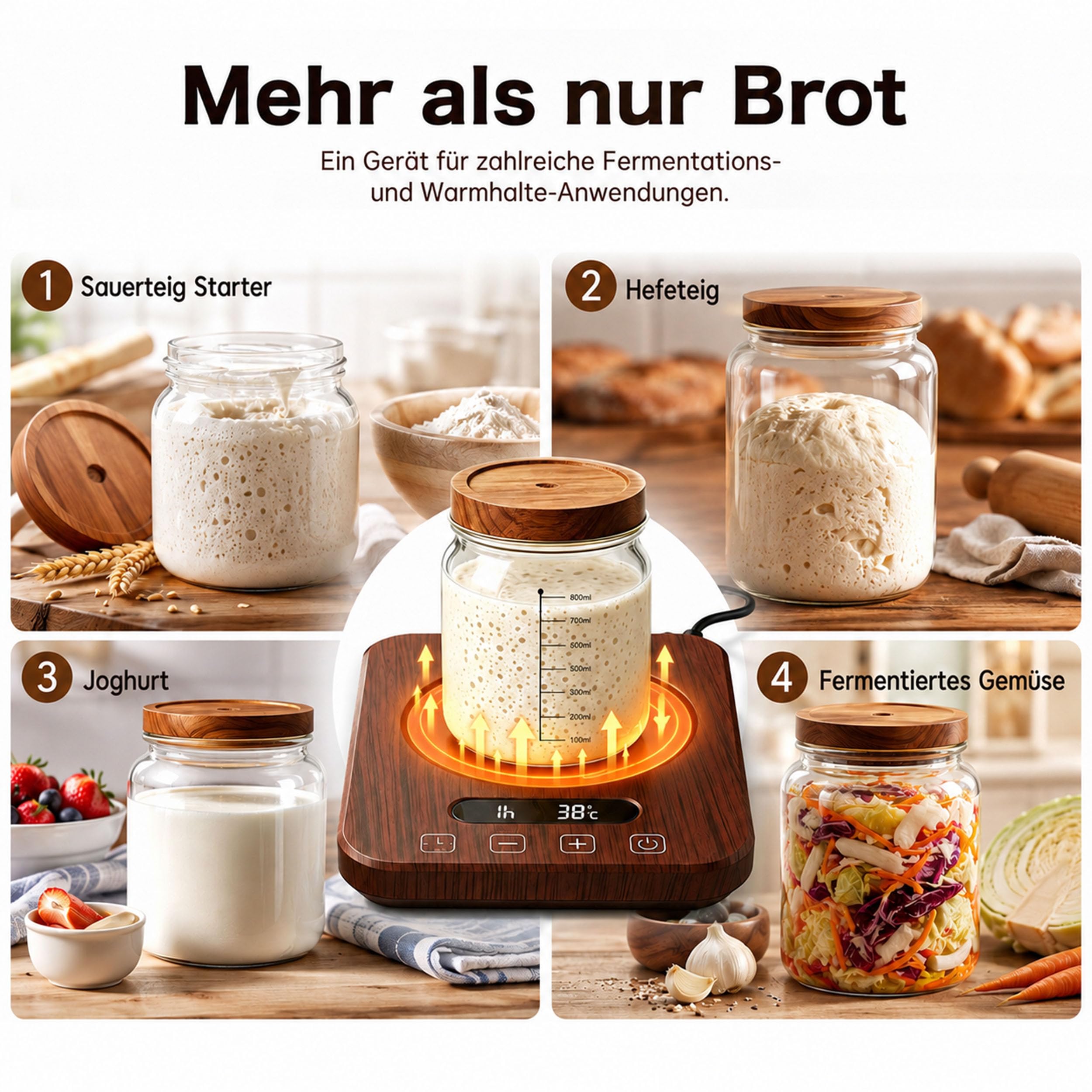 Sauerteig Starter Wärmer mit Thermostat | 21-38°C Präzise Wärmeplatte für Sauerteig-Anstellgut, Teig & Joghurt | 12H Timer, Speicherfunktion & EU-Stecker, 18W (Holzoptik)