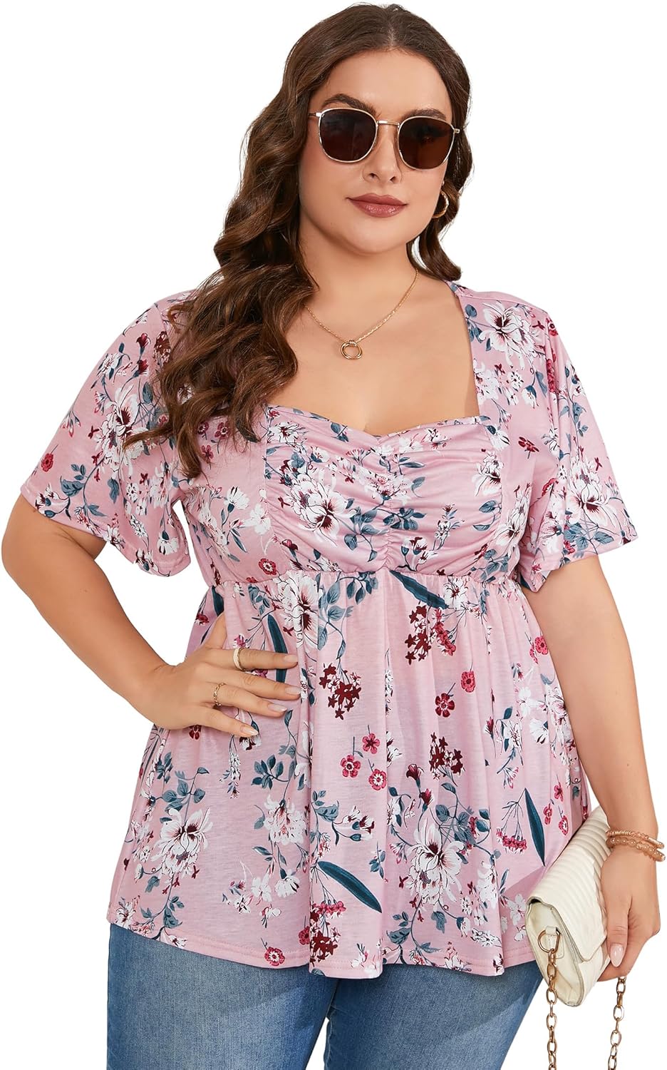 ShopWonder Women Plus Size Sweetheart Neck Tunic Tops Short Sleeves Pleated Peplum Babydoll Casual Blouse T shirts