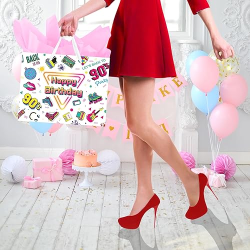 Miniatura 6 de BATYONGOGA Bolsa grande de regalo de cumpleaños de los 90 de 13 pulgadas con asas, tarjeta de felicitación y papeles de seda, color negro, temática