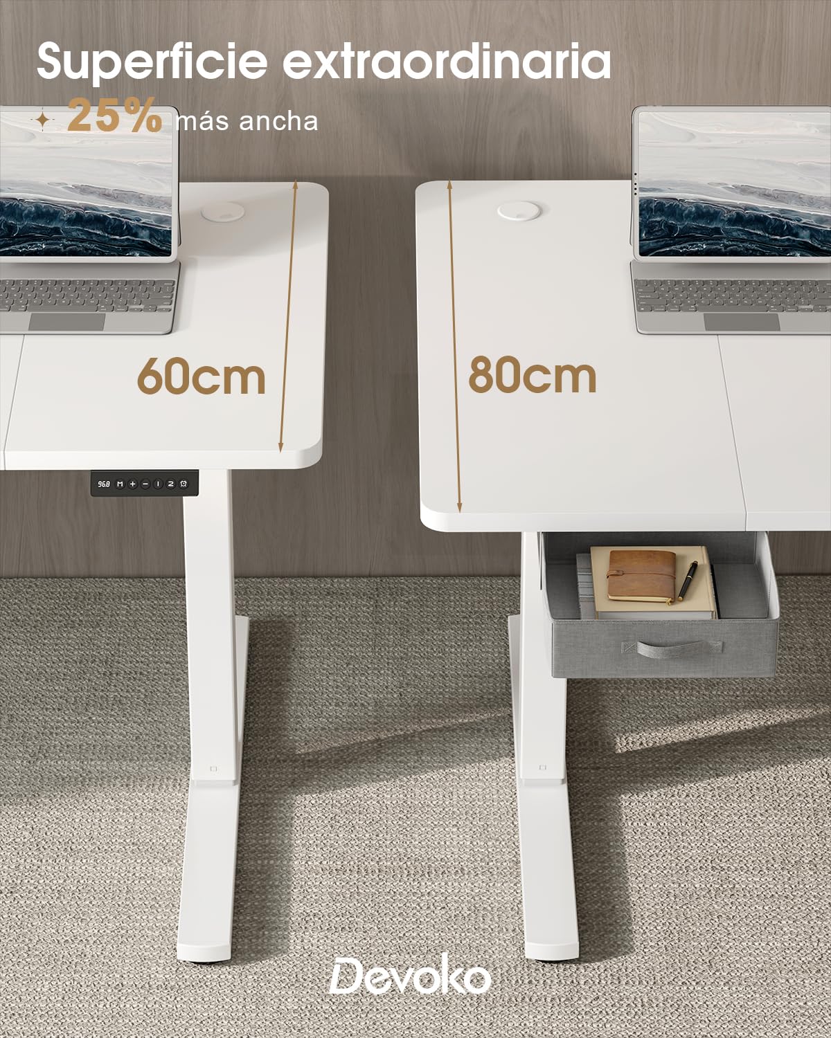 Devoko 160x80cm Escritorio Elevable Eléctrico con Cajones, Escritorio Regulable en Altura de Carga USB-A, Mesa Escritorio Elevable de Gestión de Cables y de Recordatorio de Postura Sentada,Blanco