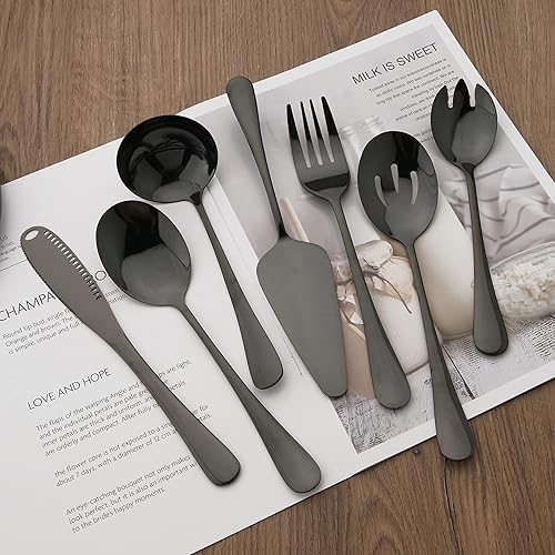 Miniatura 9 de Juego de 8 utensilios de servir morados, juego de cubiertos de acero inoxidable, incluye servidor de pasteles, cuchara ranurada, cuchara para servir