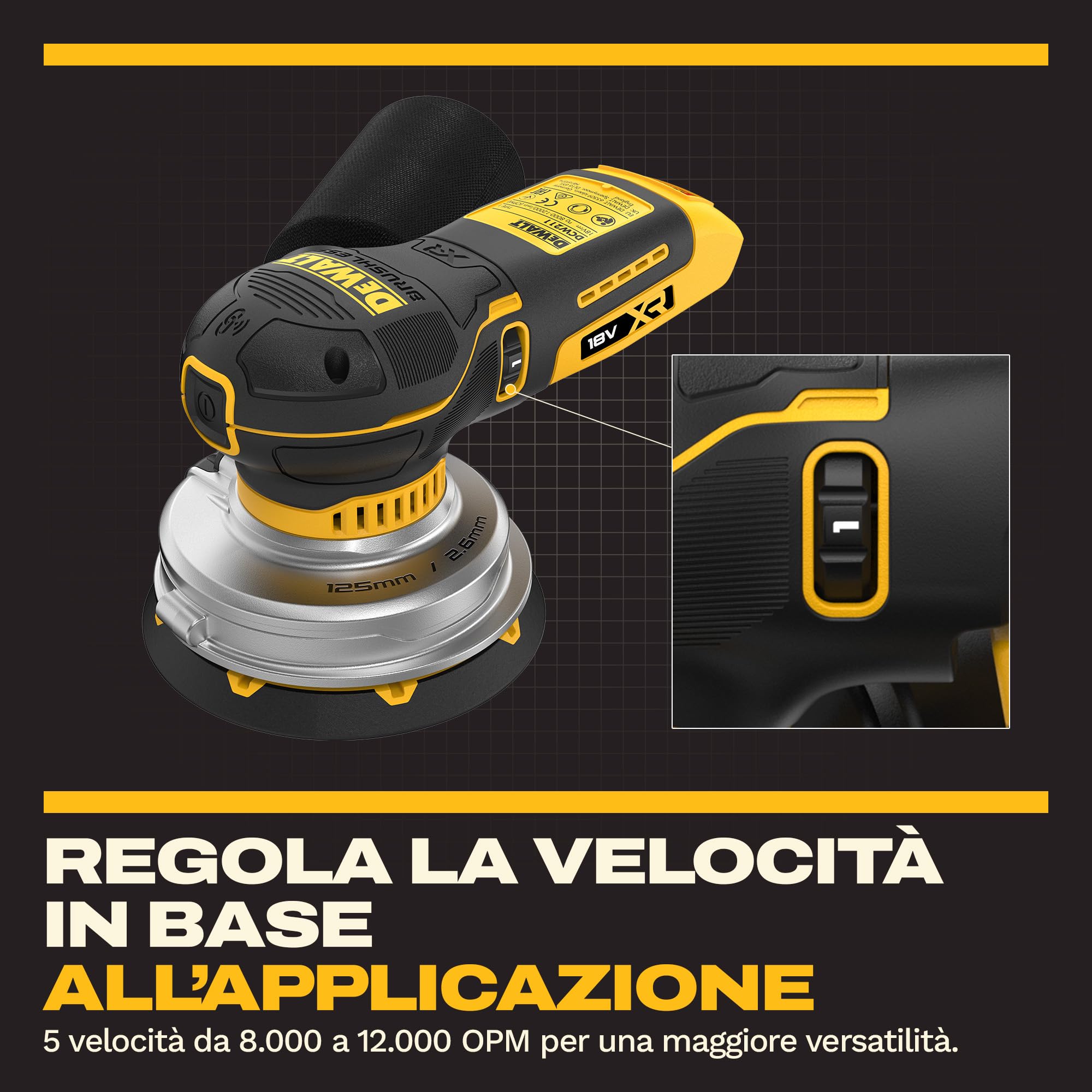 DEWALT Levigatrice roto-orbitale 18V XR BL 125mm con borsa morbida e 1 confezione di dischi abrasivi, DCW211KN-XJ