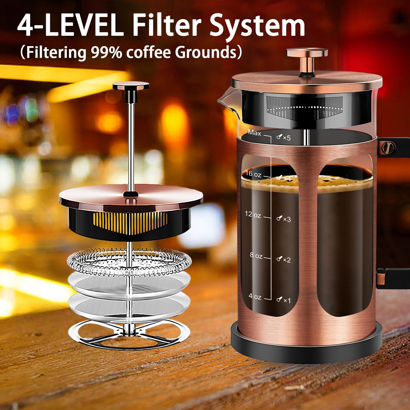 YMMIND Cafetera de prensa francesa (21 onzas, 600 ml, 3-4 tazas), prensa de café, con sistema de 4 filtros, vidrio de borosilicato de grosor resistente al calor, taza de té para café en frío, regalos