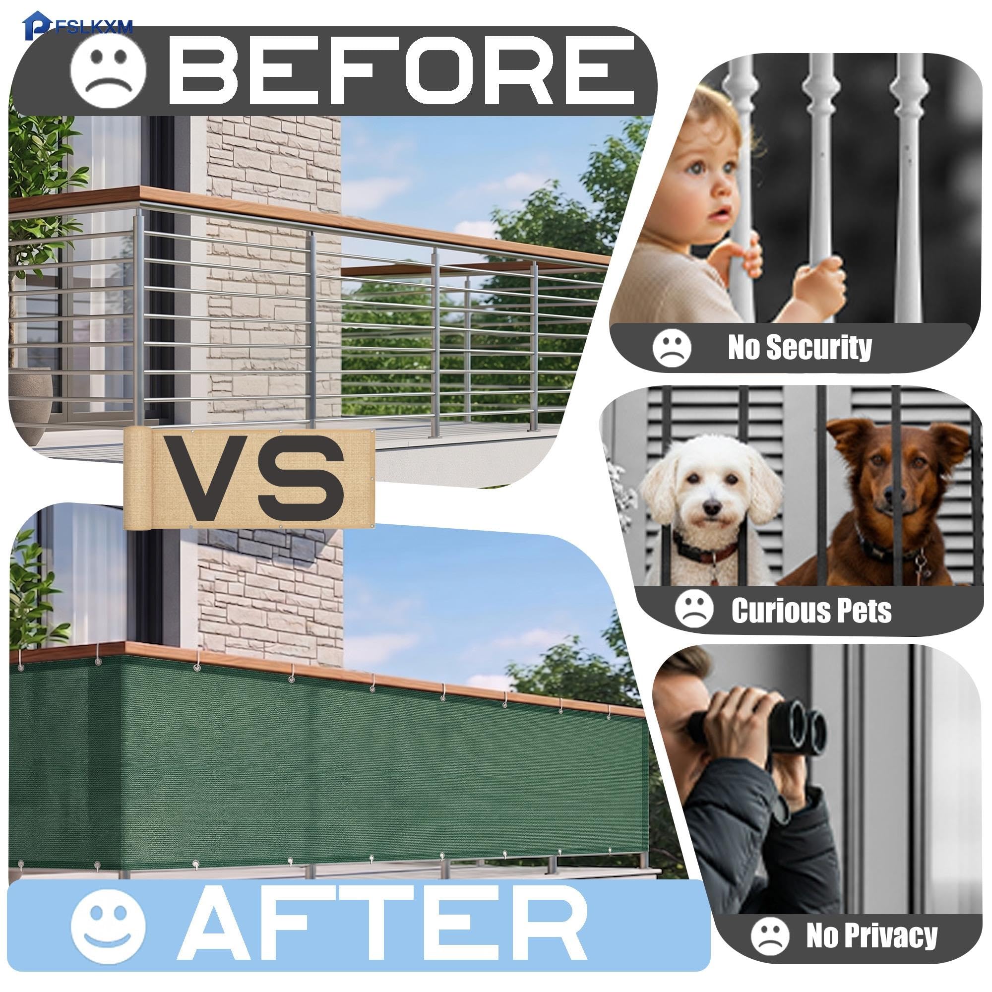 Verde Frangivista Balcone Ringhiera 170x300cm Facile da Installare Copri Ringhiera Frangivento Protezione UV Antistrappo Hdpe con Occhielli e Fascetta per Giardino, Terrazza