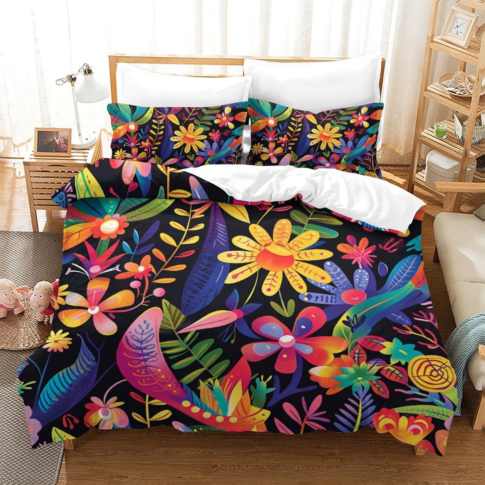 Housses de couettes fleurs en microfibre anti-pli pour lit double 200x200