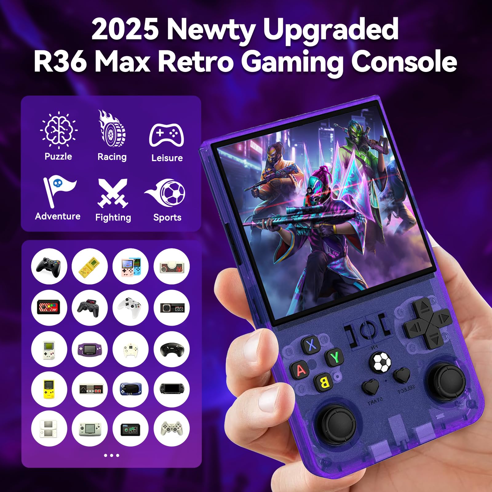 Console Retro Game R36MAX, console retrò con schermo IPS da 4,0", 128 GB, oltre 30 emulatori tradizionali, oltre 18.000 giochi classici, sistema Linux open source, batteria da 4000 mAh - Viola
