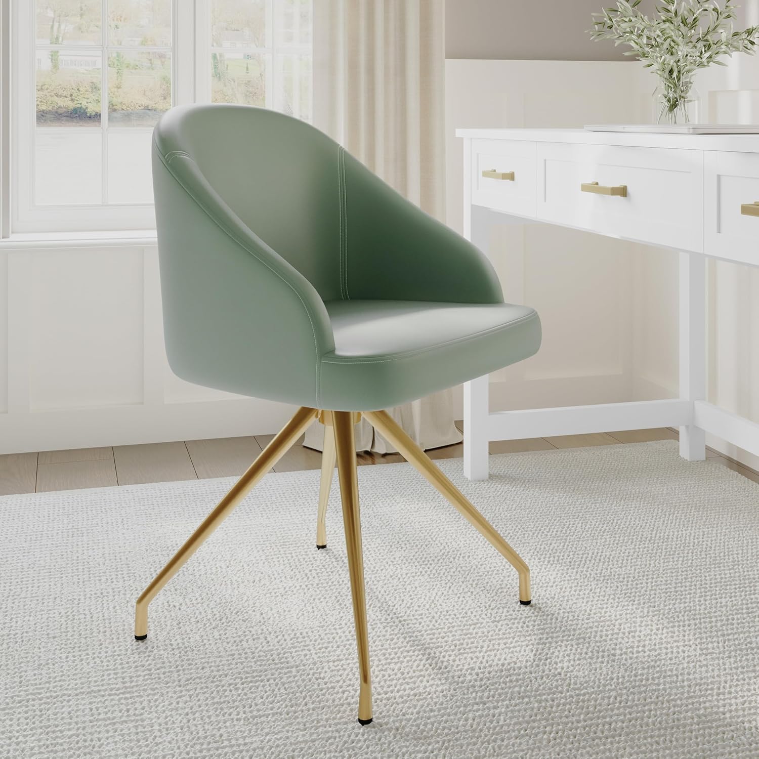 Martha Stewart Sora Stationary Swivel Task Chair with Sloped Arms for Home Office in Sage Faux Leather with Polished Brass Frame