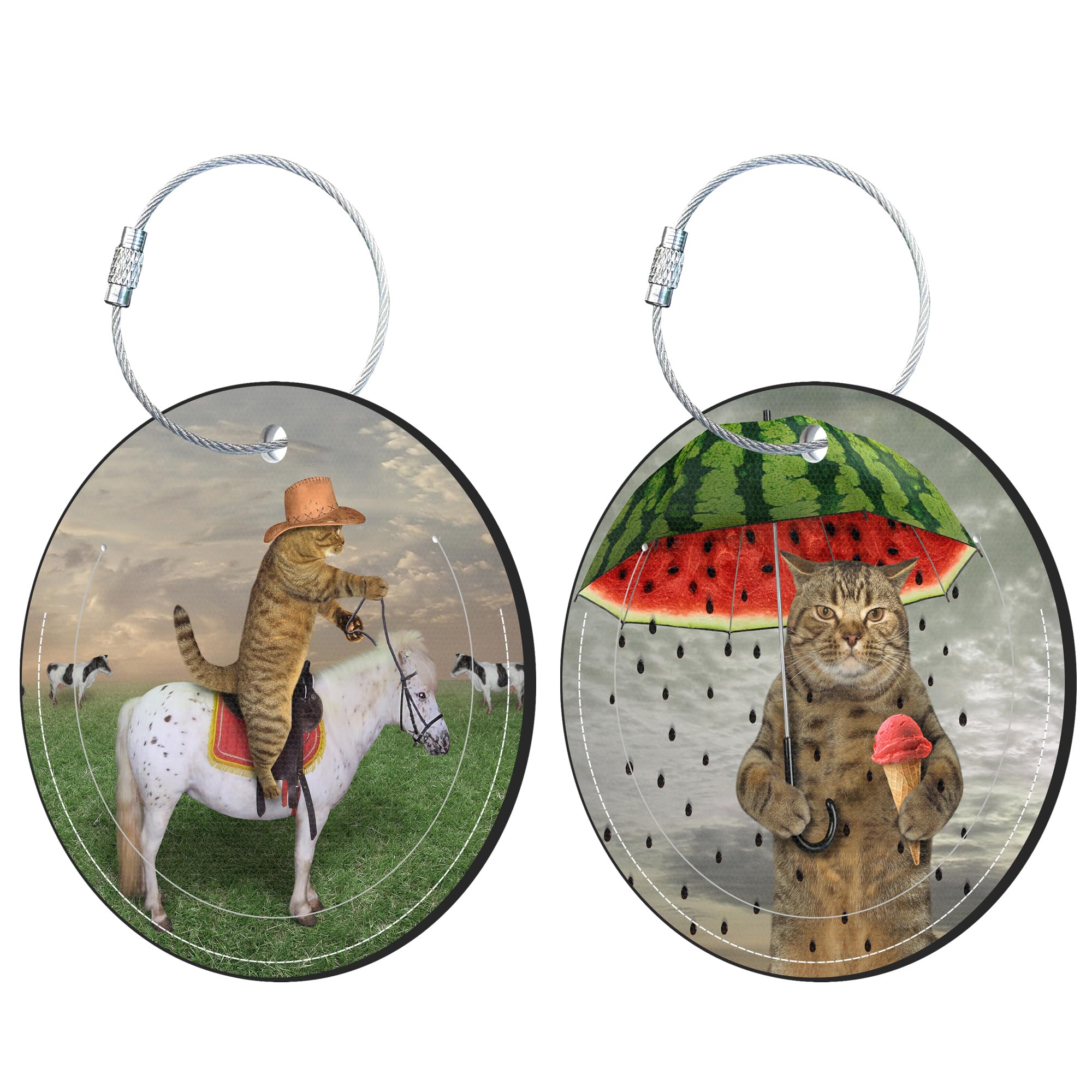iapodiad Round Cute Luggage Tags 2 Pack Cat Cowboy Creative Baggage Tags,Cruise Travel Baggage Suitcases Tag with Stainless Steel Loop ID Tag Privacy