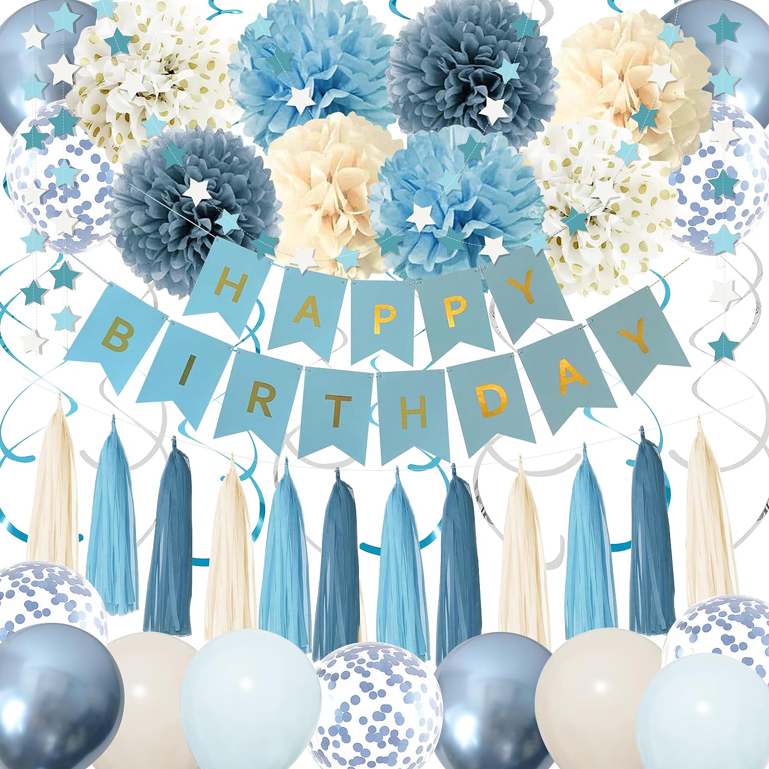 Dusty Blue Party Decorations with Blue Sand Gold Balloons, Happy Birthday Banner, Paper Pompoms, Star Banner for Boys Kids Party Decor