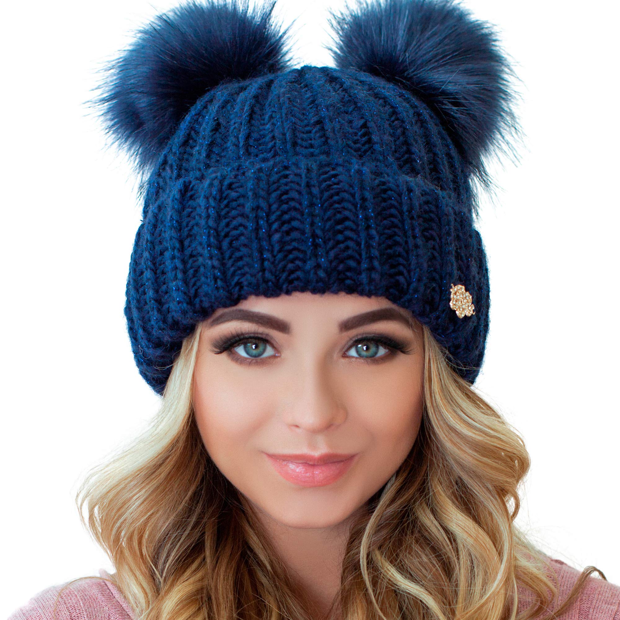 niceacsrise Braxton Beanie for Women - 2 Pom Cable Knit Winter Warm Fleece Hat - Wool Snow Cuff Ski Cap