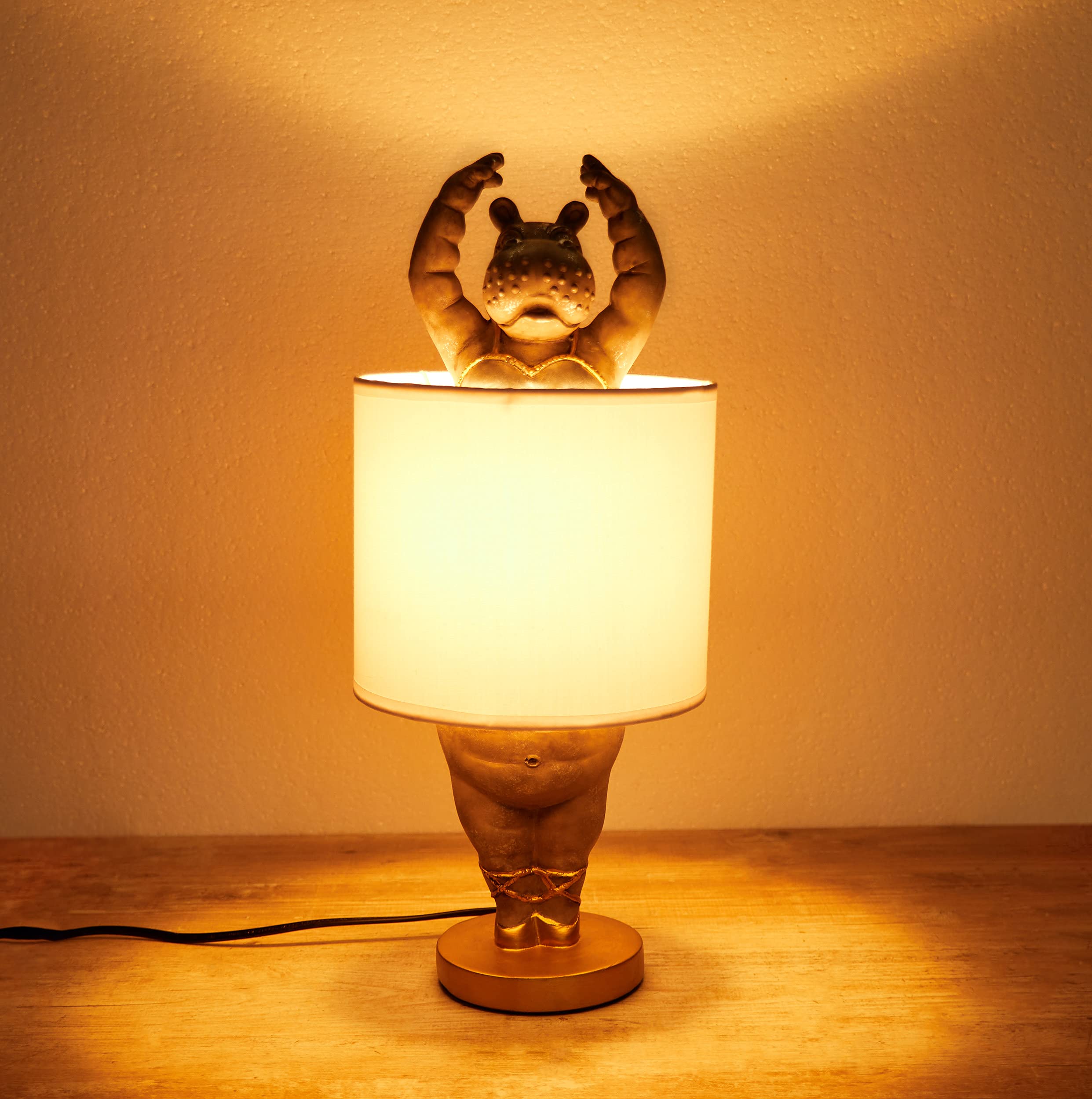 BRUBAKER Tisch- oder Nachttischlampe Nilpferd Ballerina - Tischleuchte mit Keramikfuß und Stoffschirm - 43 cm Höhe, Weiß Grau