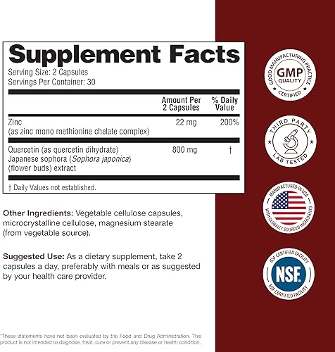 Miniatura 8 de Sandhu's Zinc Quercetin 60 cápsulas vegetarianas (paquete de 1) Suplementos de zinc de alta absorción para inmunidad y alergia estacional Apoyo