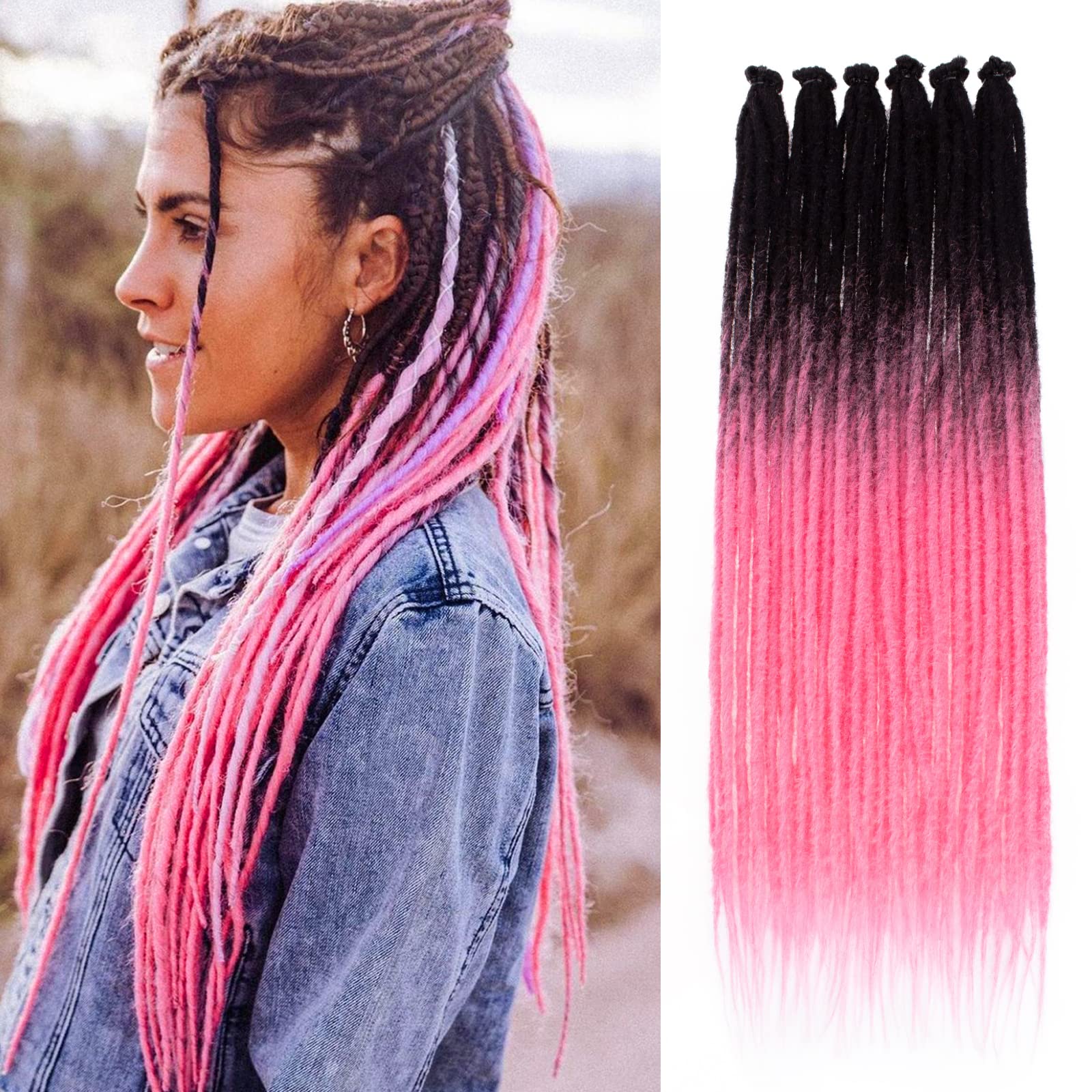 Leeven Synthetic Dreadlock Extensions 40 Strands 24 Inch Single Ended Ombre Pink Crochet Dreads Extensions 0.6 cm Width Handmade Loc Extensions Reggae
