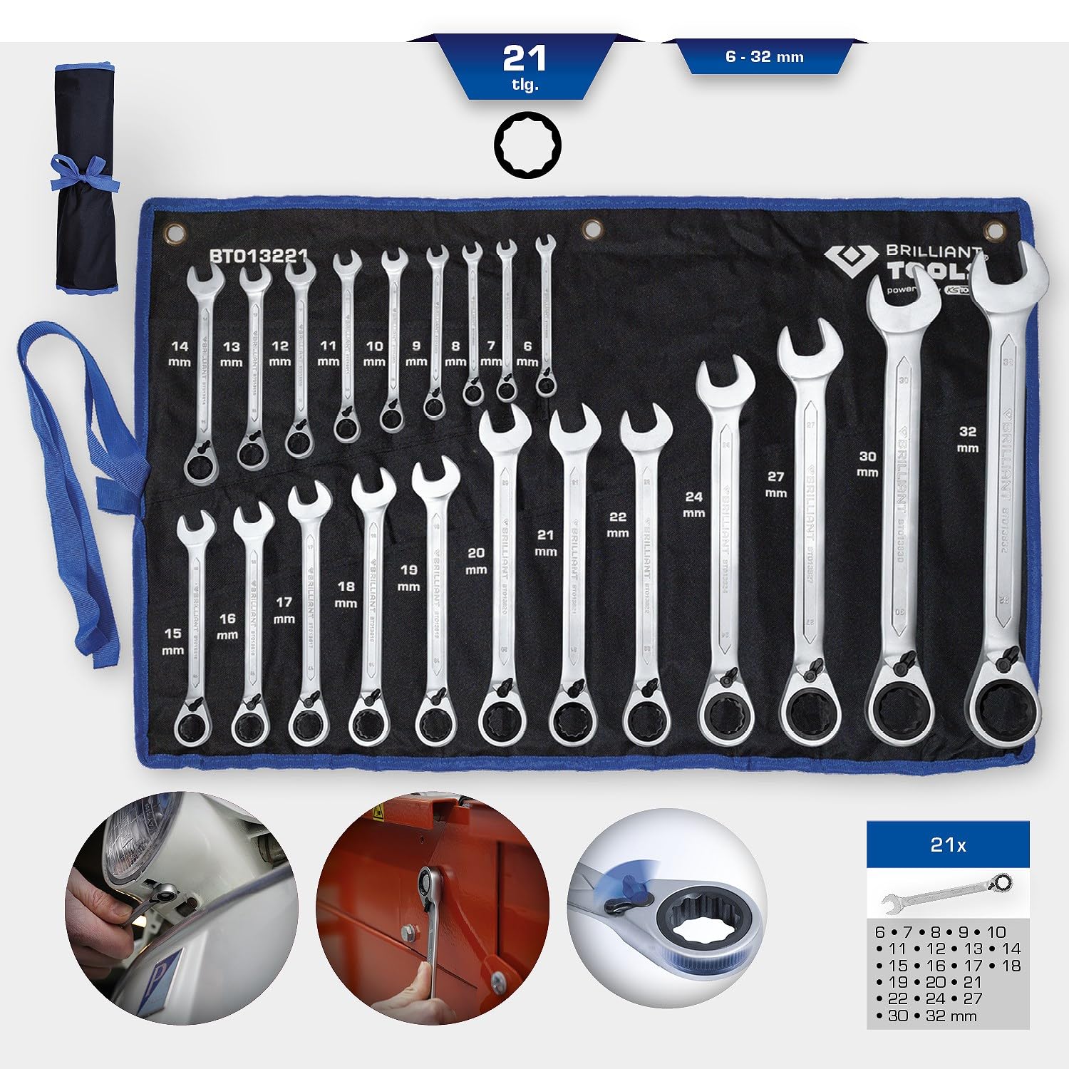 BRILLIANT TOOLS BT013221 Zestaw kluczy oczkowych z grzechot, przelaczanych, 21-szt, 6 - 32 mm [Powered by KS TOOLS]