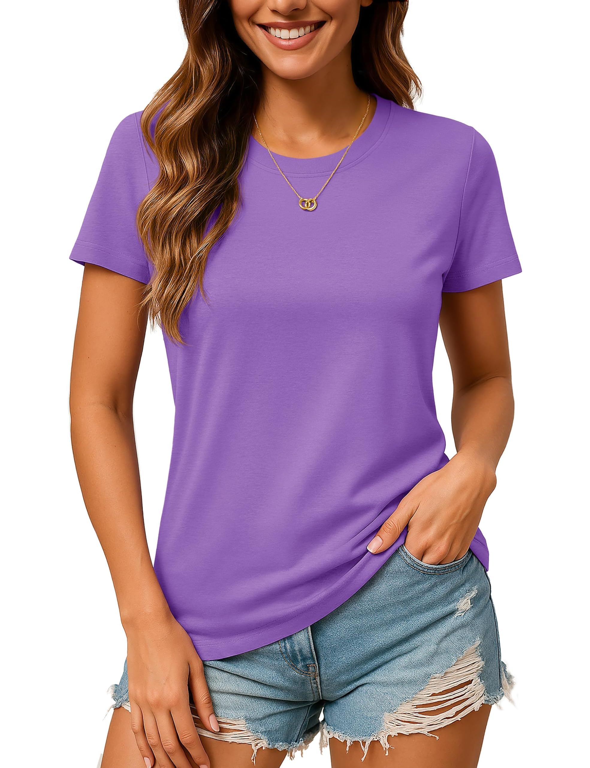 TACVASEN Damen T-Shirt Baumwolle Rundhals Sommer Tshirt Basic Oberteil Lässig Shirt Kurzarm Cotton Einfarbig Tops
