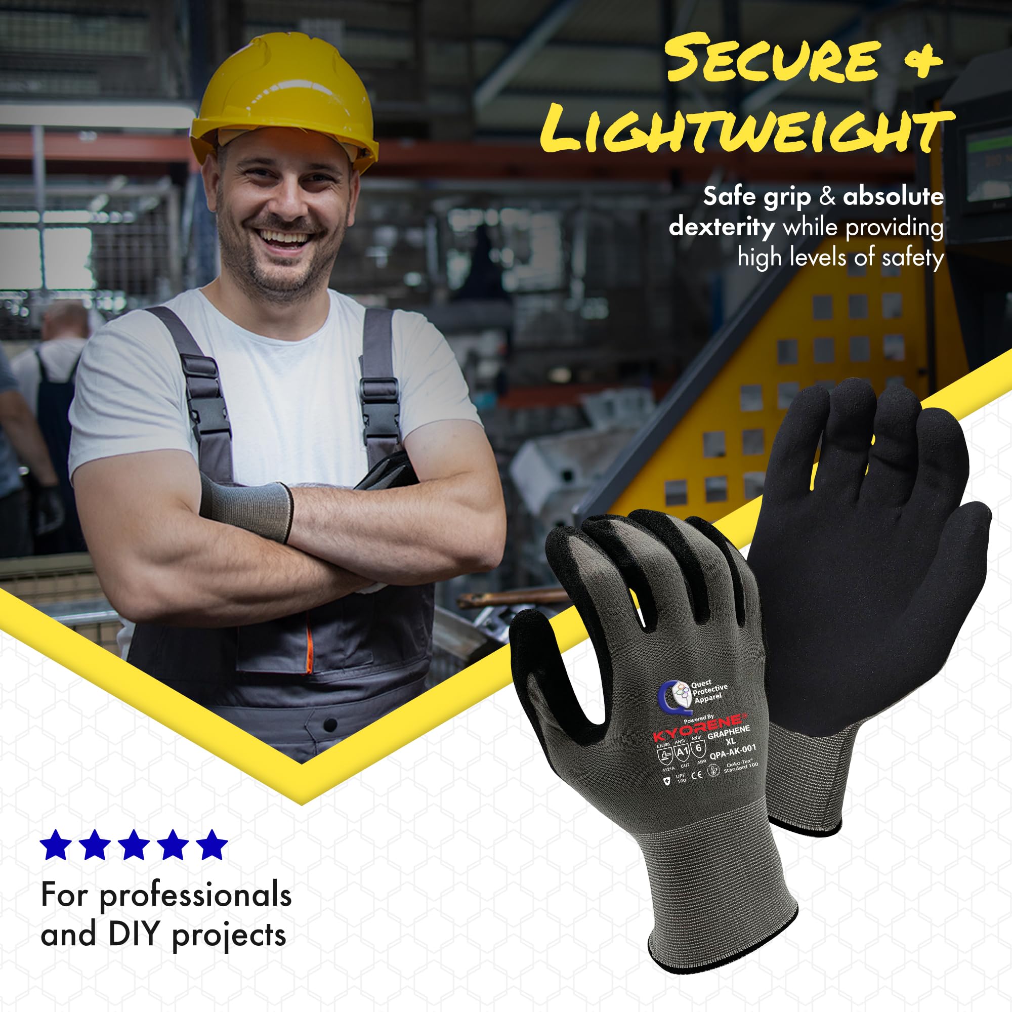 Quest Protective Apparel Powered By Kyorene - Guantes resistentes a los cortes - Guantes de trabajo protectores - Guantes de trabajo con agarre de grafeno (12, extragrandes)