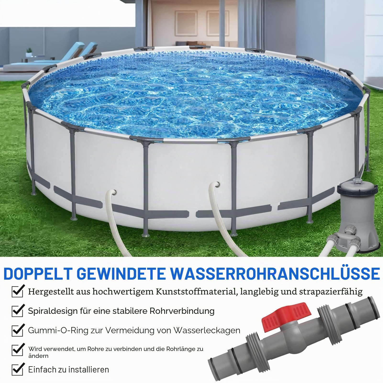 Pool Zubehör Schlauchverbinder, Pool Absperrhahn 32mm auf 38mm, Pool Schlauchadapter Absperrhahn Absperrventil Kugelhahn Ventile für Schlauch Ø 32/38mm für Oberirdische Pool (2, Gray)