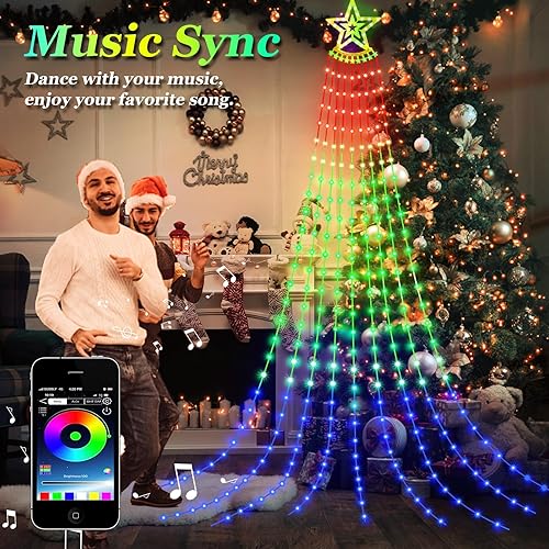 Miniatura 2 de 305 luces LED de 4 de julio con forma de cascada de estrellas para exteriores con control remoto y aplicación, 10 pies RGB que cambian de color