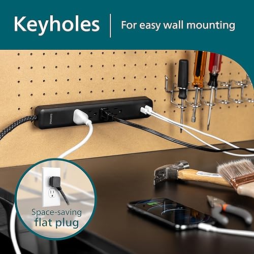 Miniatura 5 de Philips Protector de sobretensiones de 4 tomas, cable trenzado de 4 pies, 1-USB-C, 1-USB-A, cable de extensión, para el hogar, la escuela u oficina,