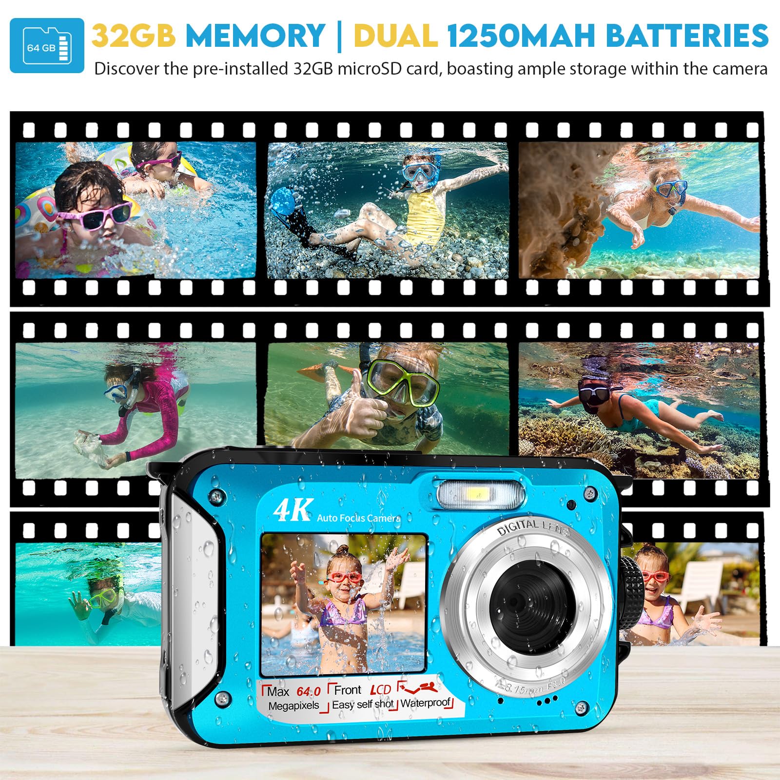 64MP Macchina Fotografica Subacquea Con Scheda Di Memoria Da 32 GB, 4K Fotocamera Subacquea Con Autofocus E Doppio Schermo Selfie HD, 5 Metri Fotocamera Subacquea Digitale (2 Batterie)
