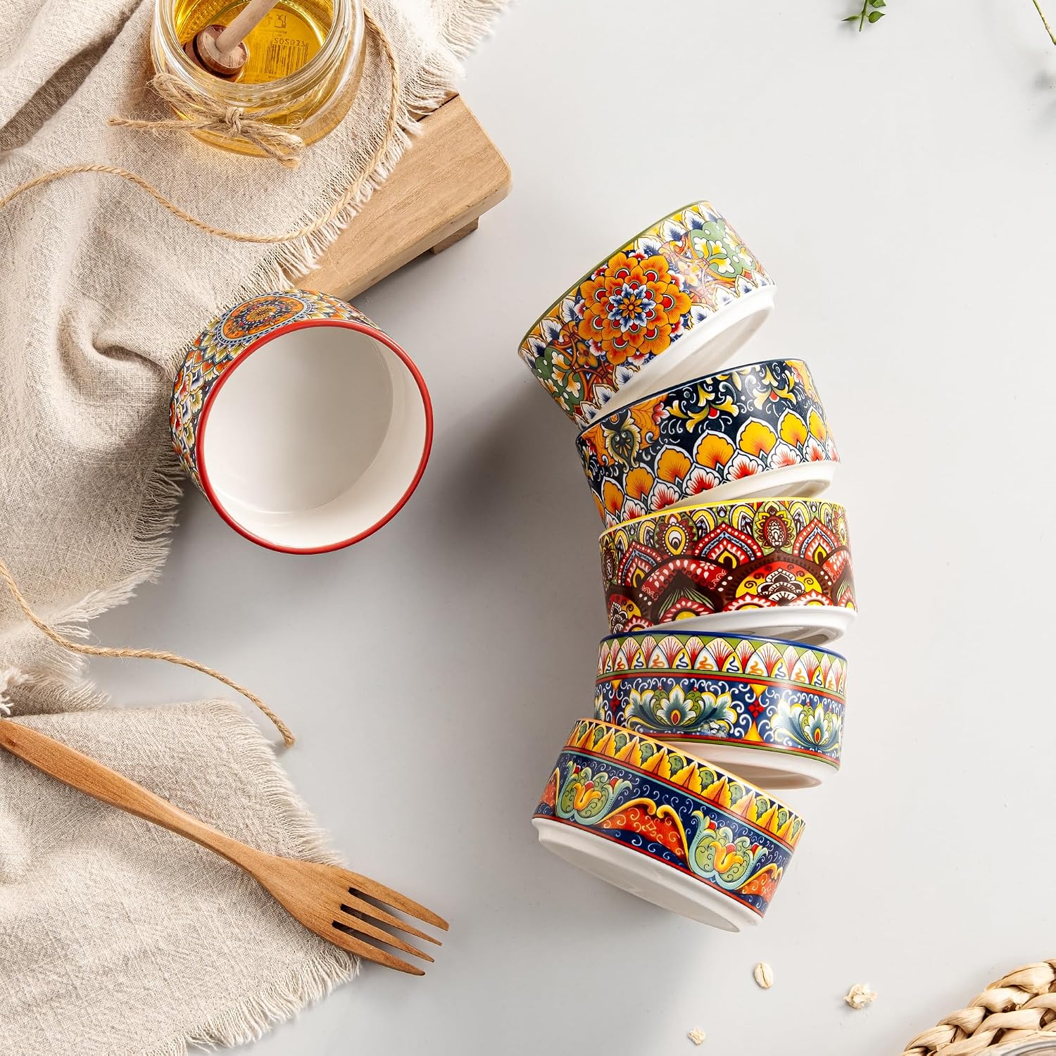 Henten Home Ceramic Ramekins Set Oven Safe, Colorful Cake Ramekins Set of 6, Boho Baking Cups for Pudding, Souffle, Ice Cream, Snack, Creme Brulee (8 oz)