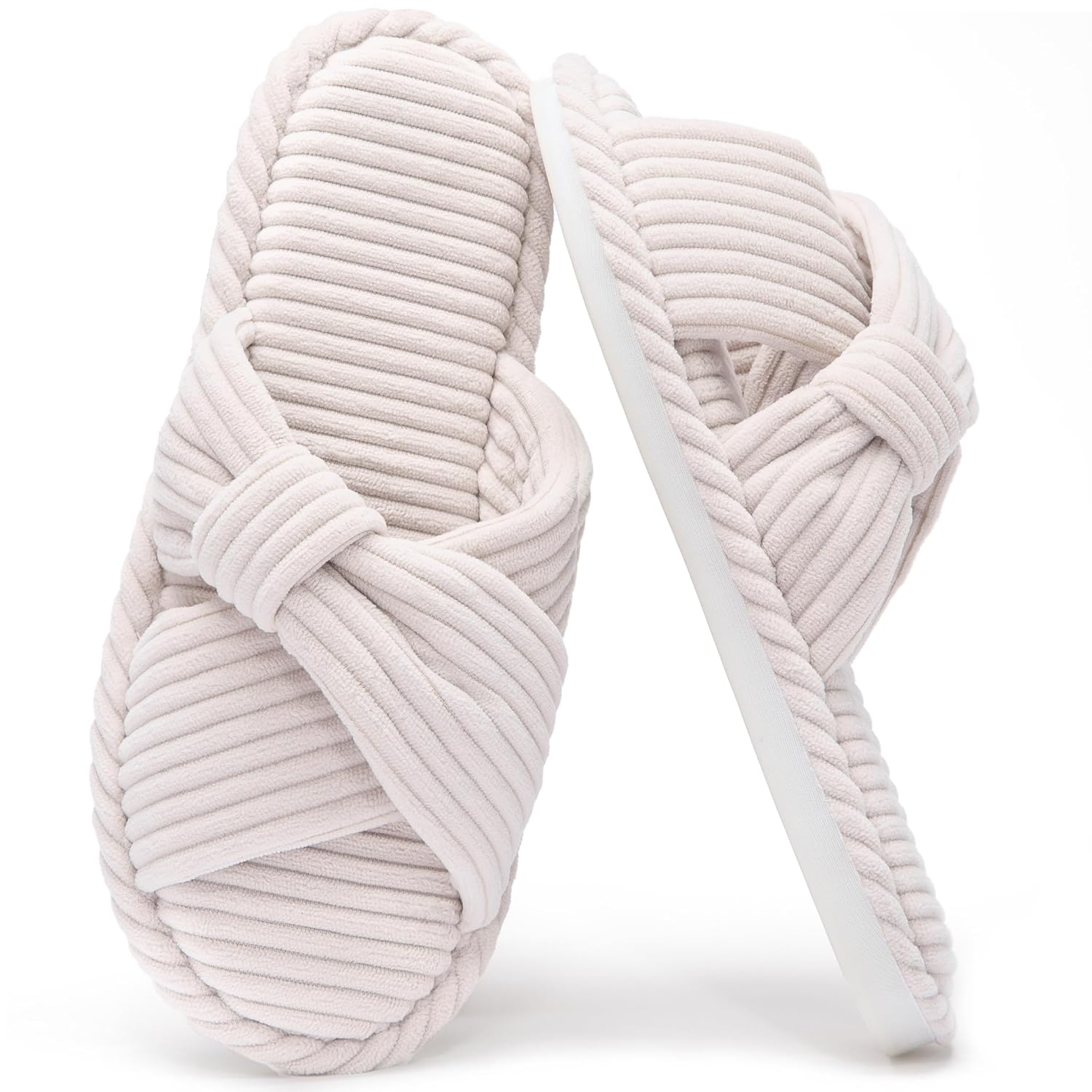 House Slippers for Women Corduroy Cross Band Slippers Open Toe Bedroom Indoor Shoes with Memory Foam