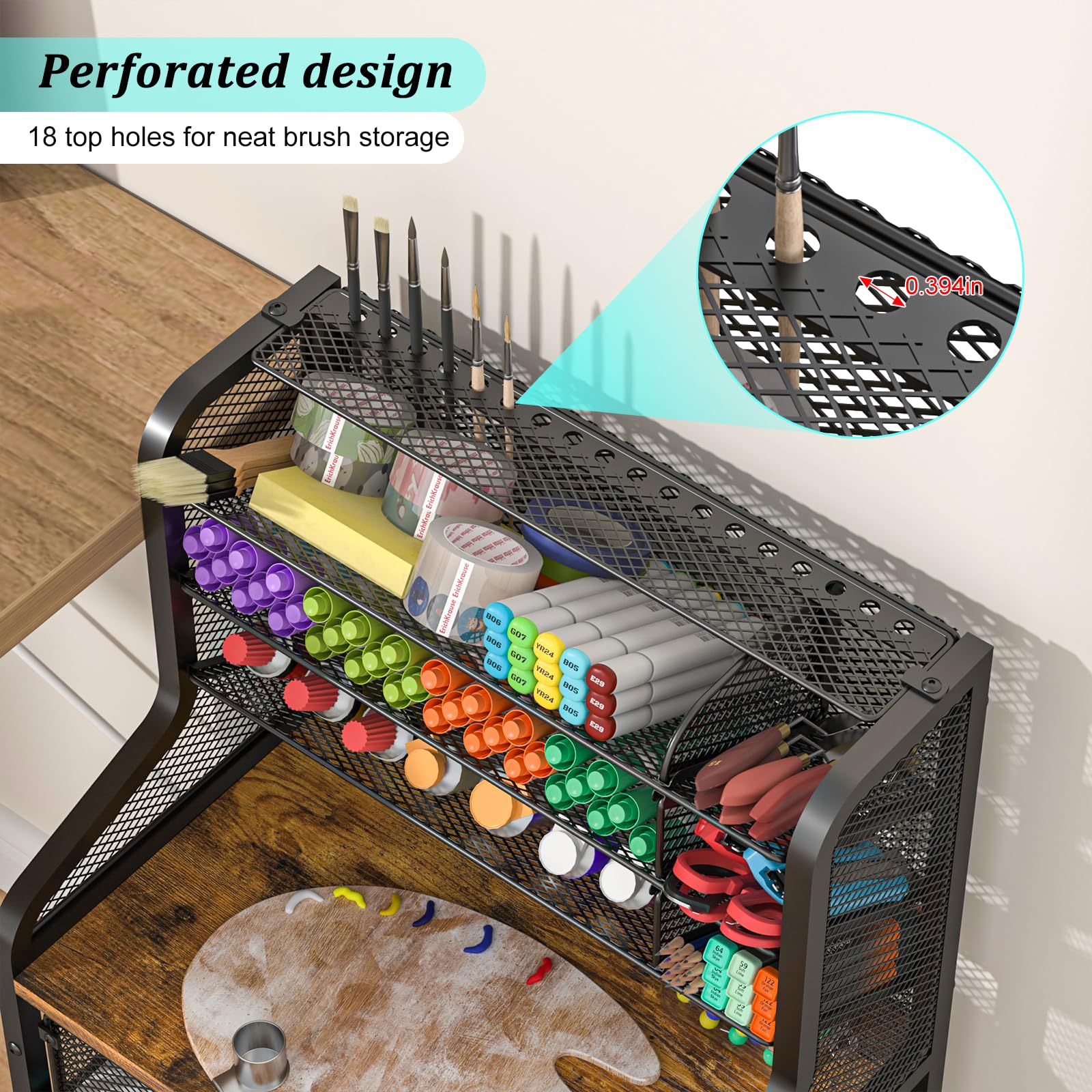 Small Rolling Utility Cart with Drawer, Metal Craft Storage Cart with Lockable Wheel, Versatile Art Organizer with 6 Tiers & Removable Dividers for Drawing Room, Store Paint & Artifact, Patent Pending