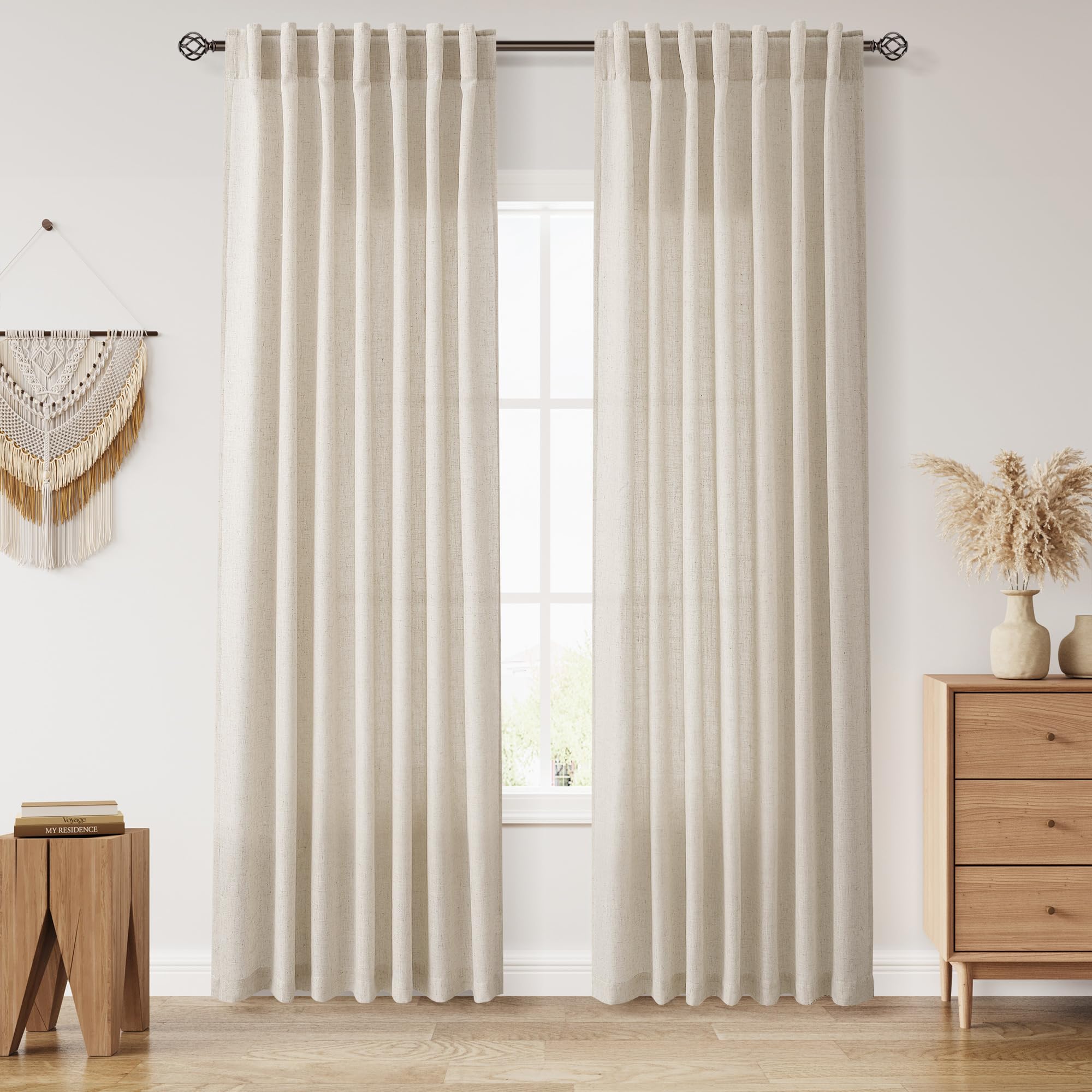 Photo 1 of [PARTIAL SET ONE PC] Nanspring Boho Linen Curtains 84 Inches Long for Living Room Light Filtering Semi Sheer Curtain Back Tab Eclectic Home Decor Modern Elegant Luxury Drapes for Bedroom Office 52x84,2 Panels