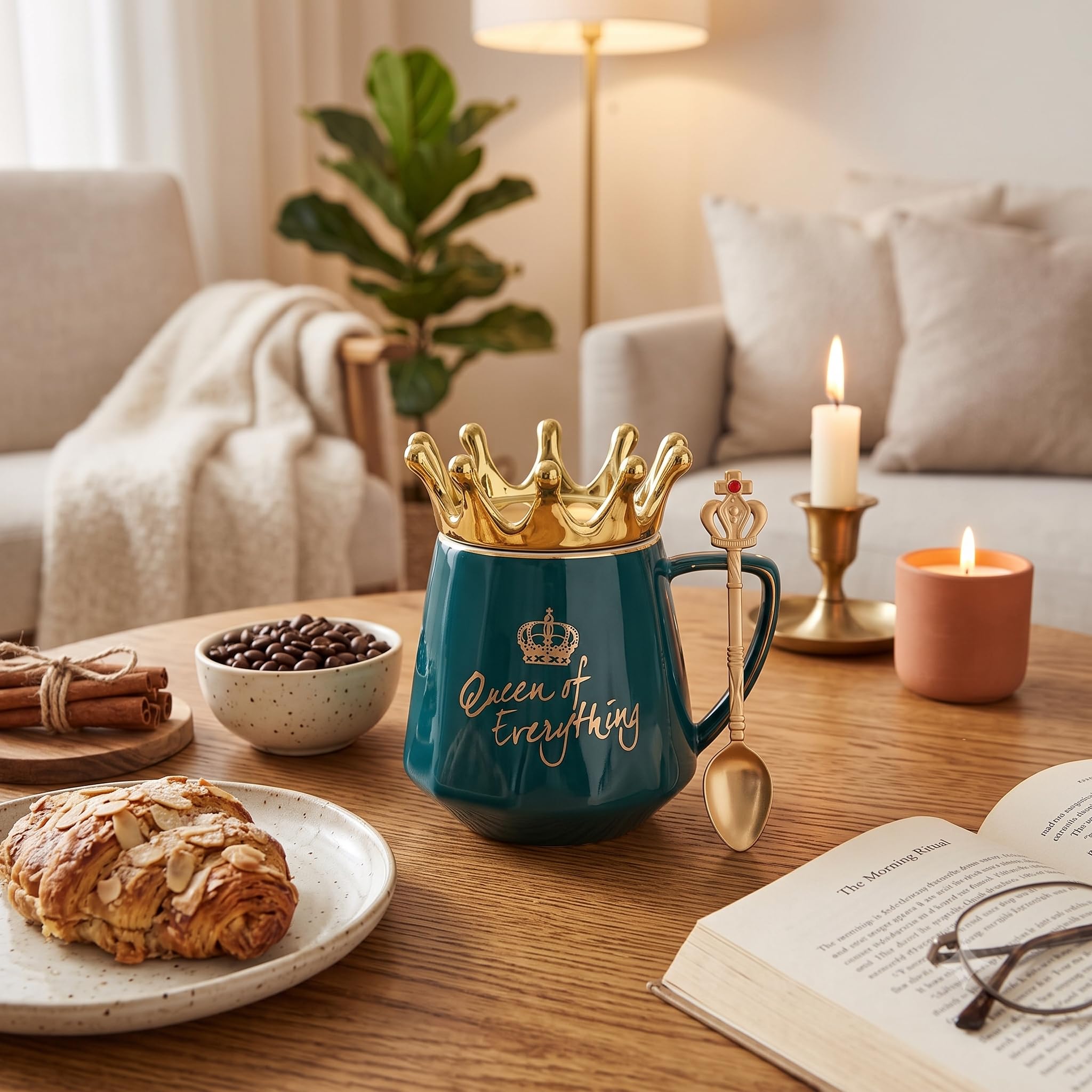 NYRWANA Coffee Mug, Birthday Gifts for Women, Mugs for Present, Rakshabandhan Gift for Sister, Ceramic Mug, Cute Coffee Mugs, Queen of Everything Mug with Golden Crown & Spoon (350ml-Green) 3