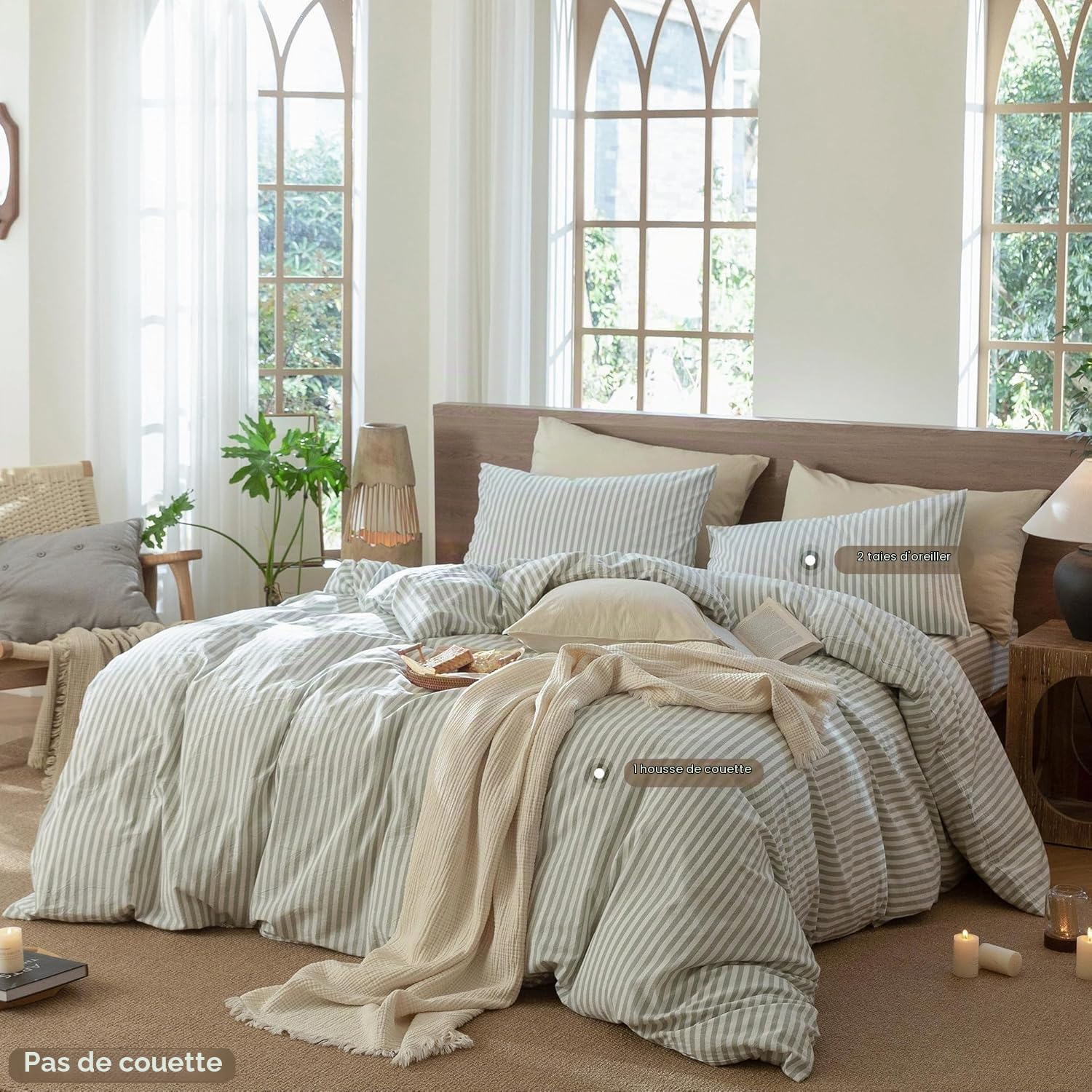 Sedefen Housse de Couette 240x260 cm avec 2 Taies d'oreiller 65x65 cm Rayures,Vert Parure de Lit 2 Personnes Adulte avec Fermeture Éclair, Sets de Housse Imprimé Rayure en Microfibre